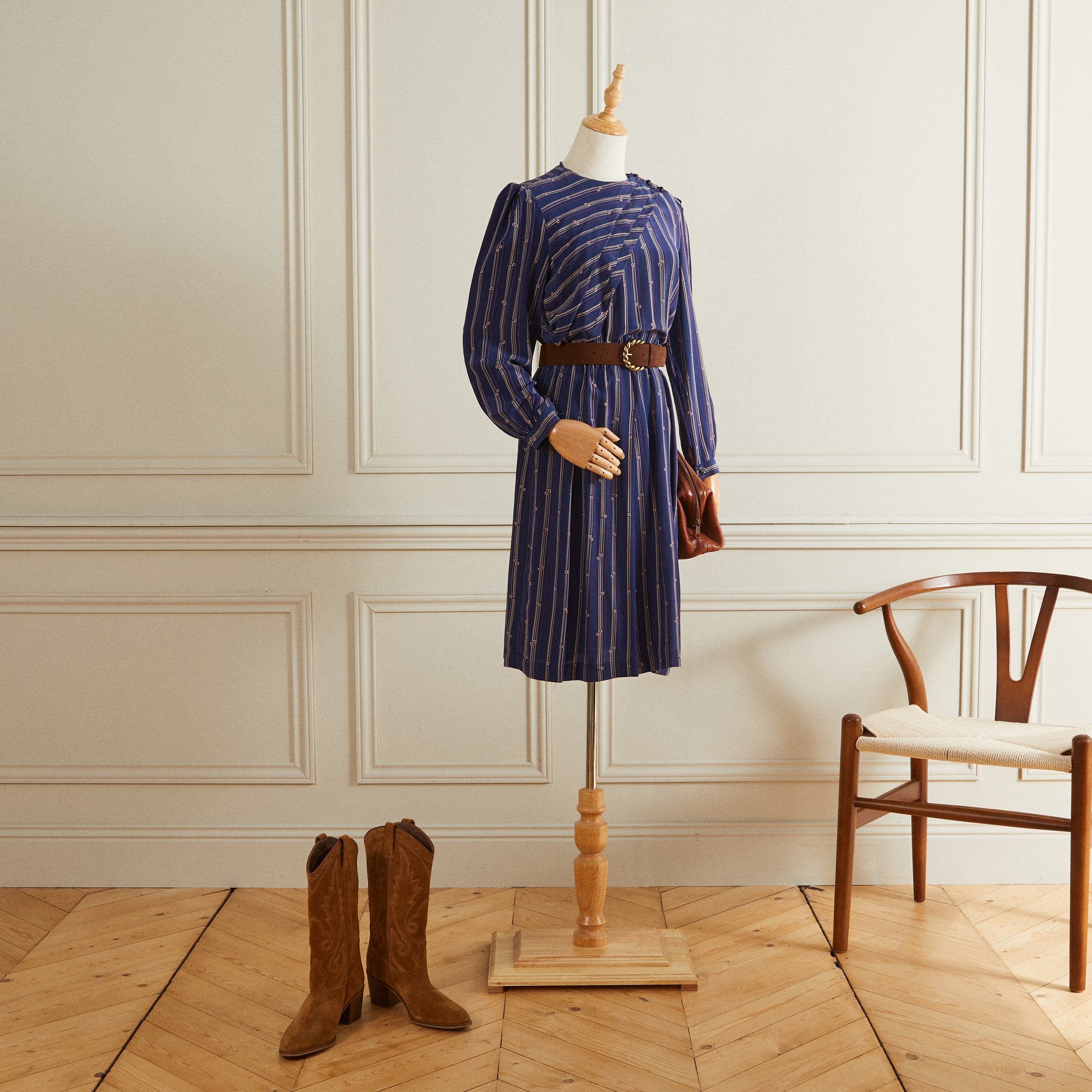 Robe midi en soie à rayures marine