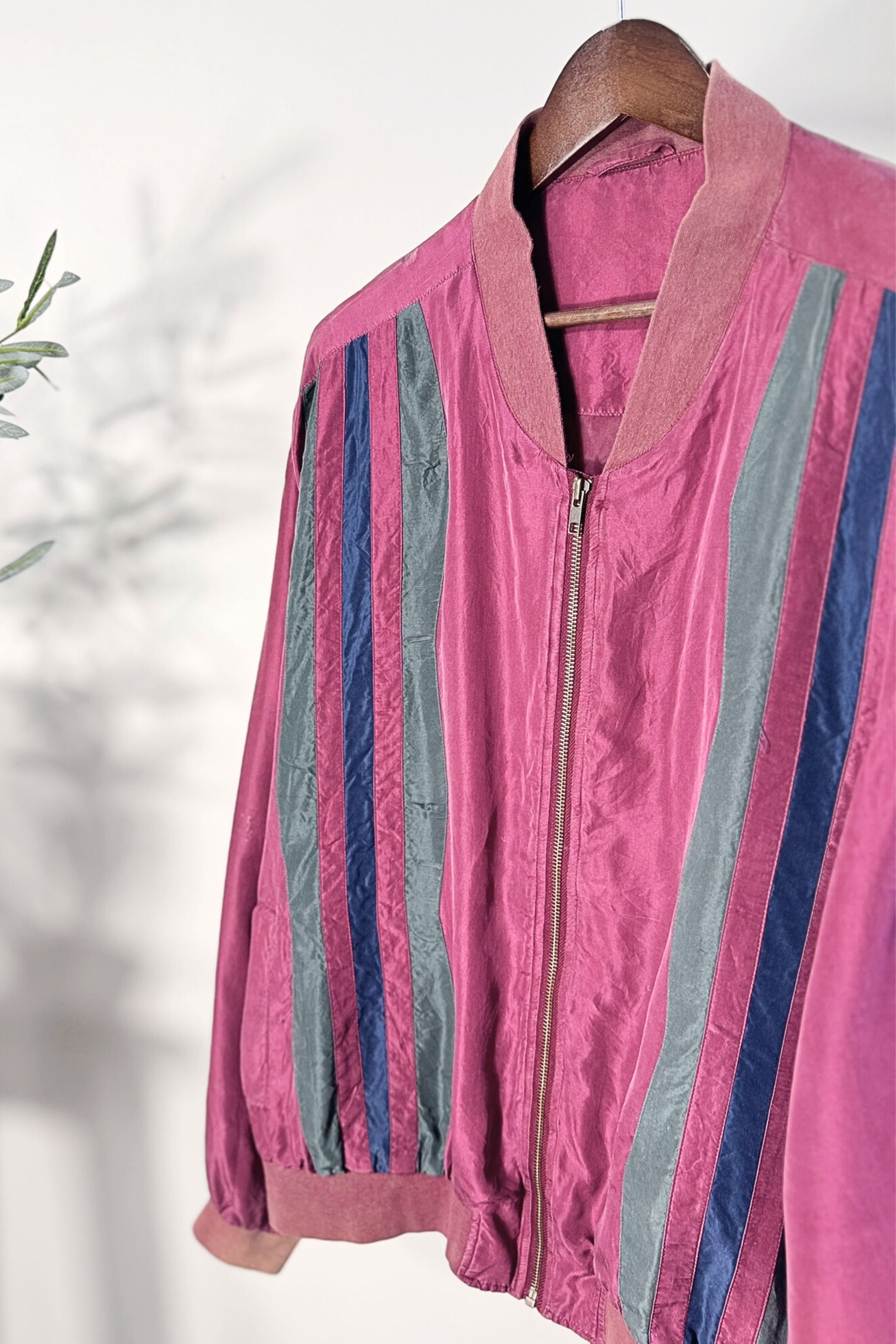 Veste bomber en soie bordeaux à rayures