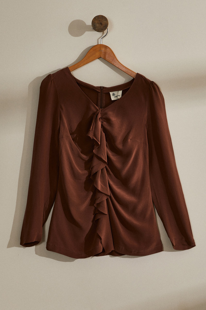 Blouse à volants en soie marron