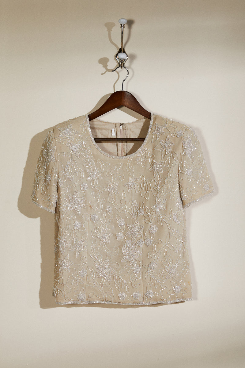 Blouse en soie brodée écrue