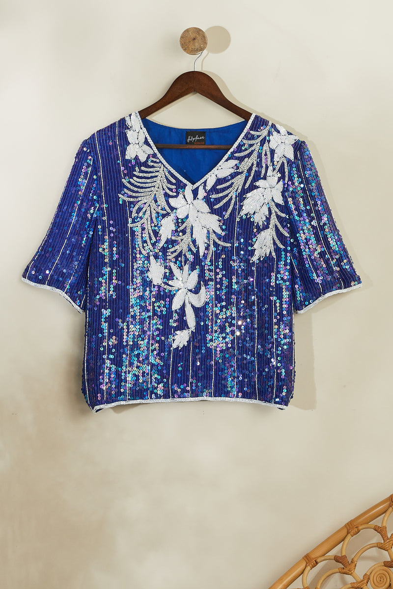 Blouse en soie brodée de sequins bleue