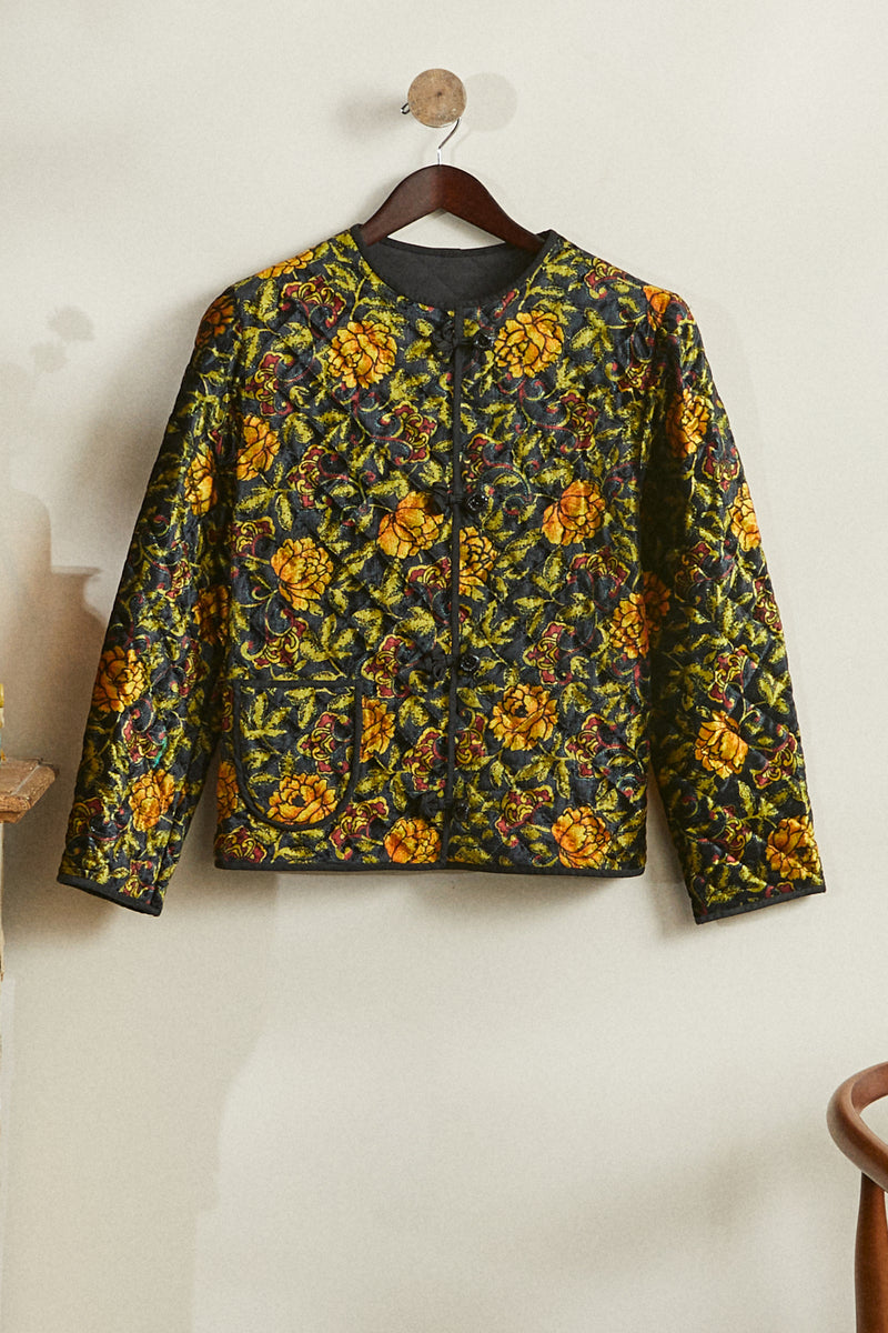 Veste matelassée velours à fleurs noire