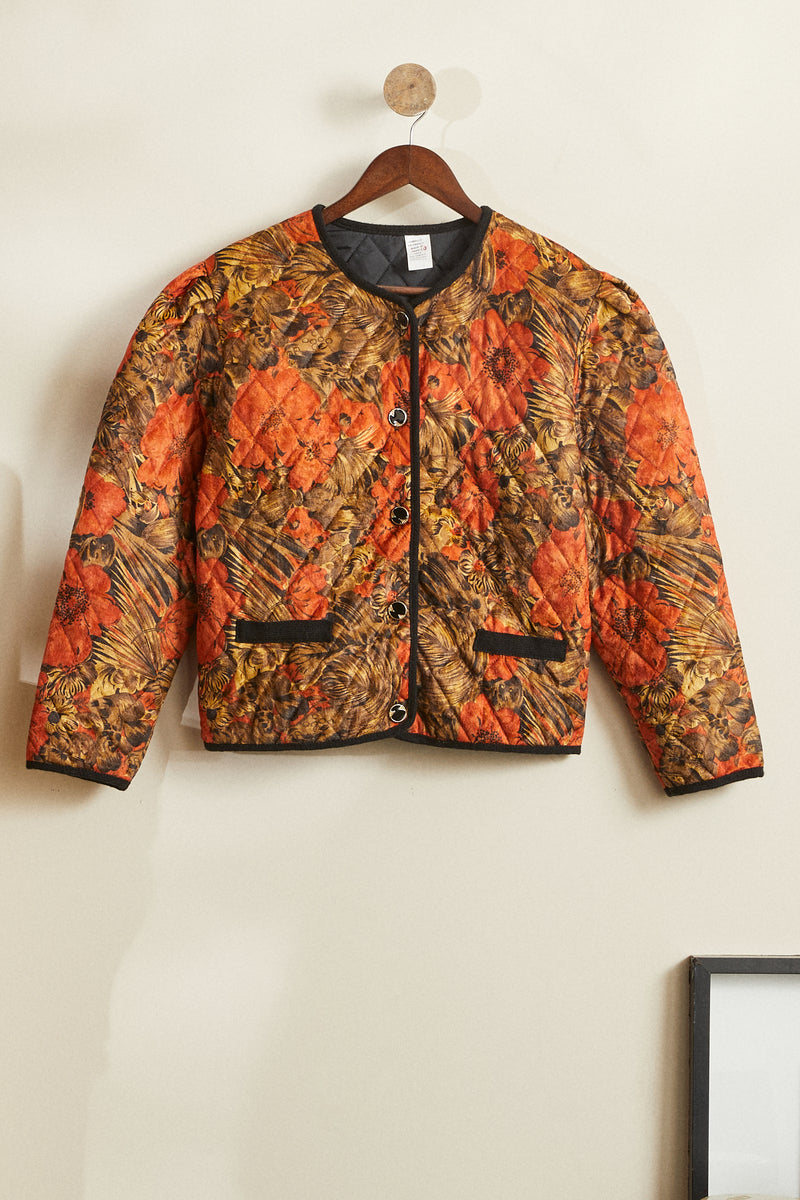 Veste matelassée velours à fleurs oranges