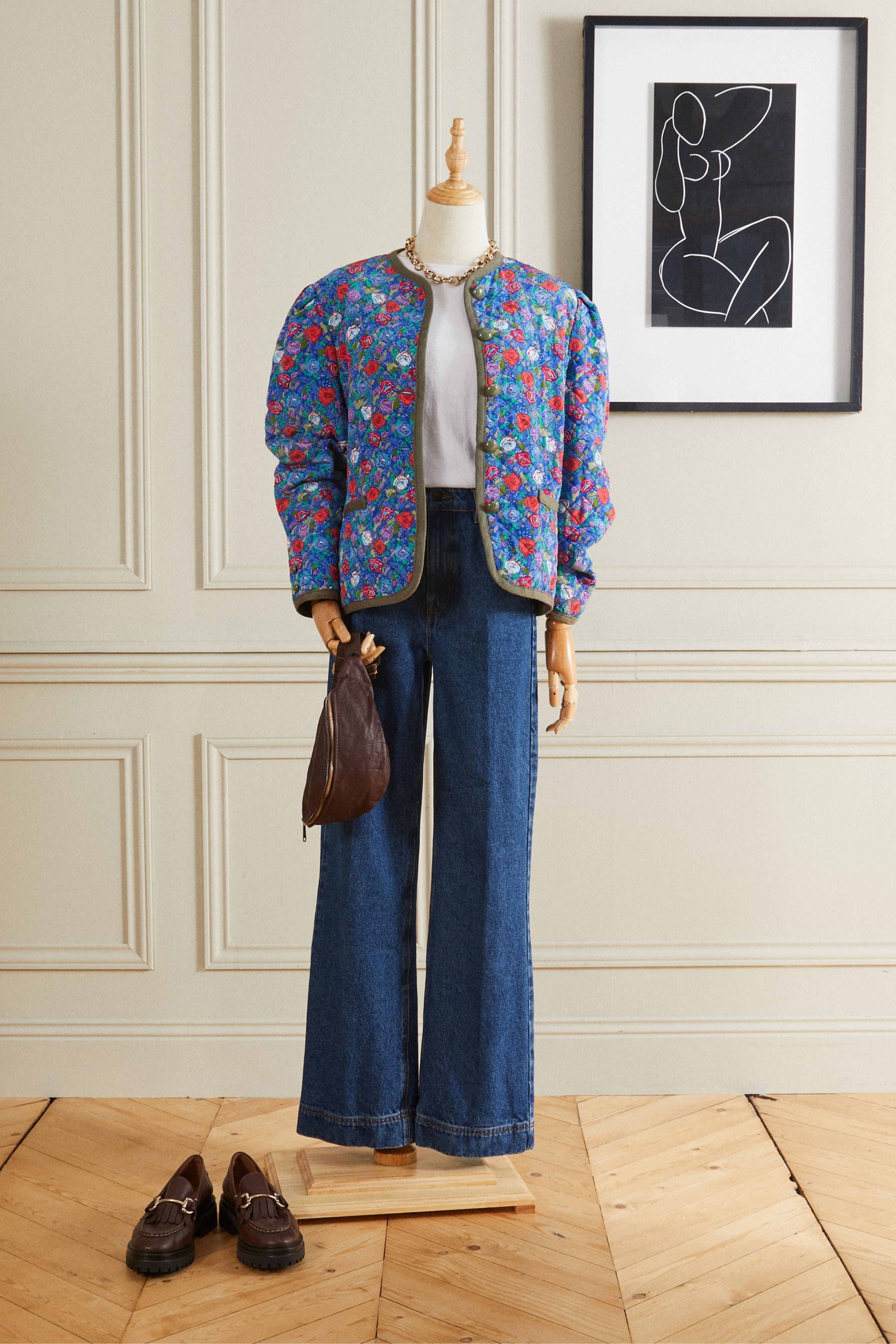 Veste matelassée à fleurs bleue