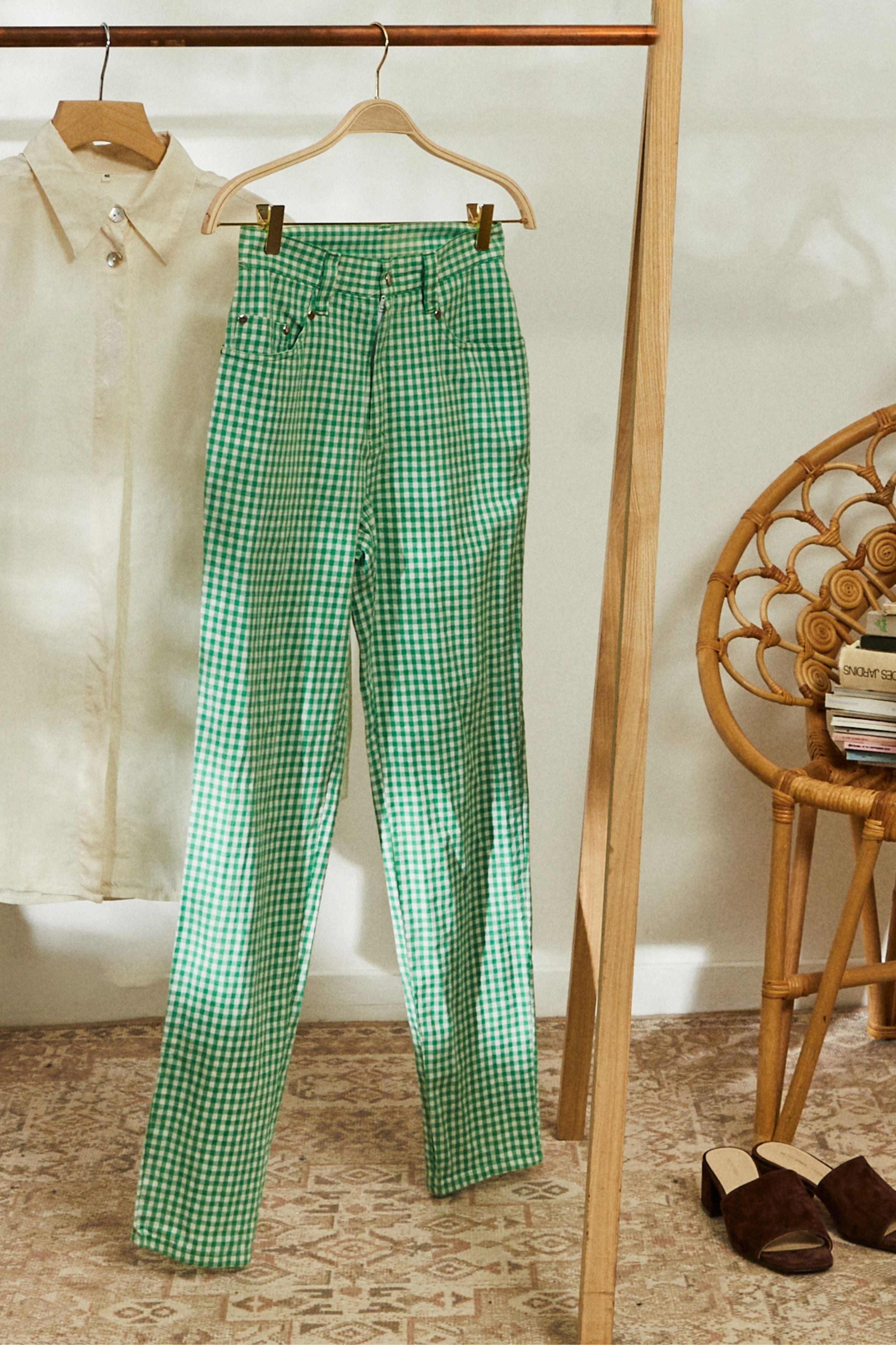 Jeans droit à carreaux vert