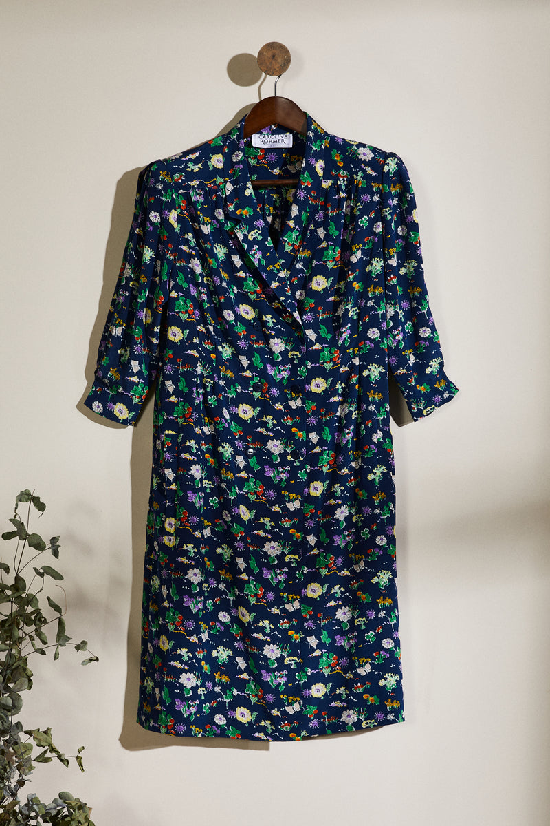 Robe midi chemise à fleurs marine