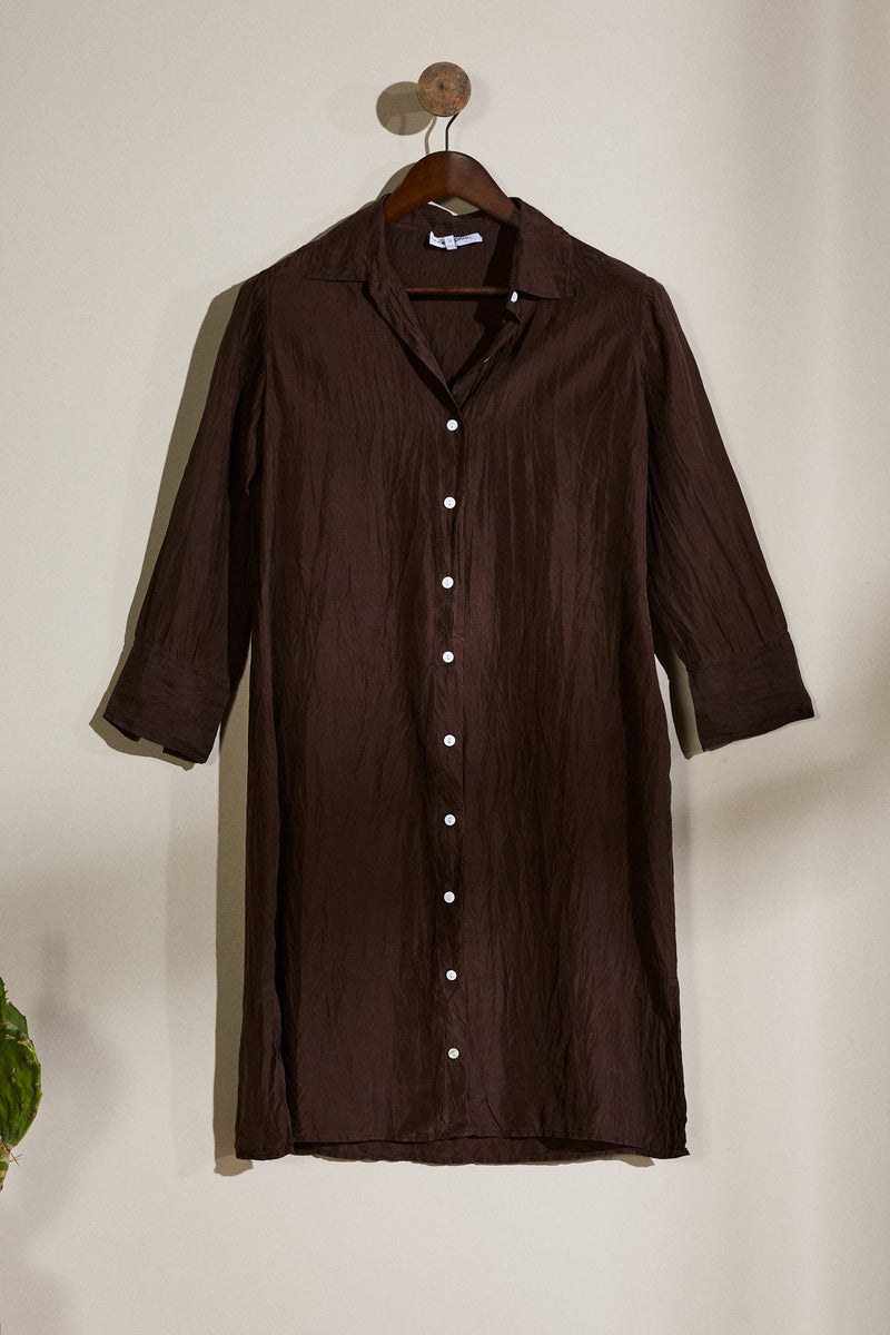 Robe chemise midi en soie chocolat