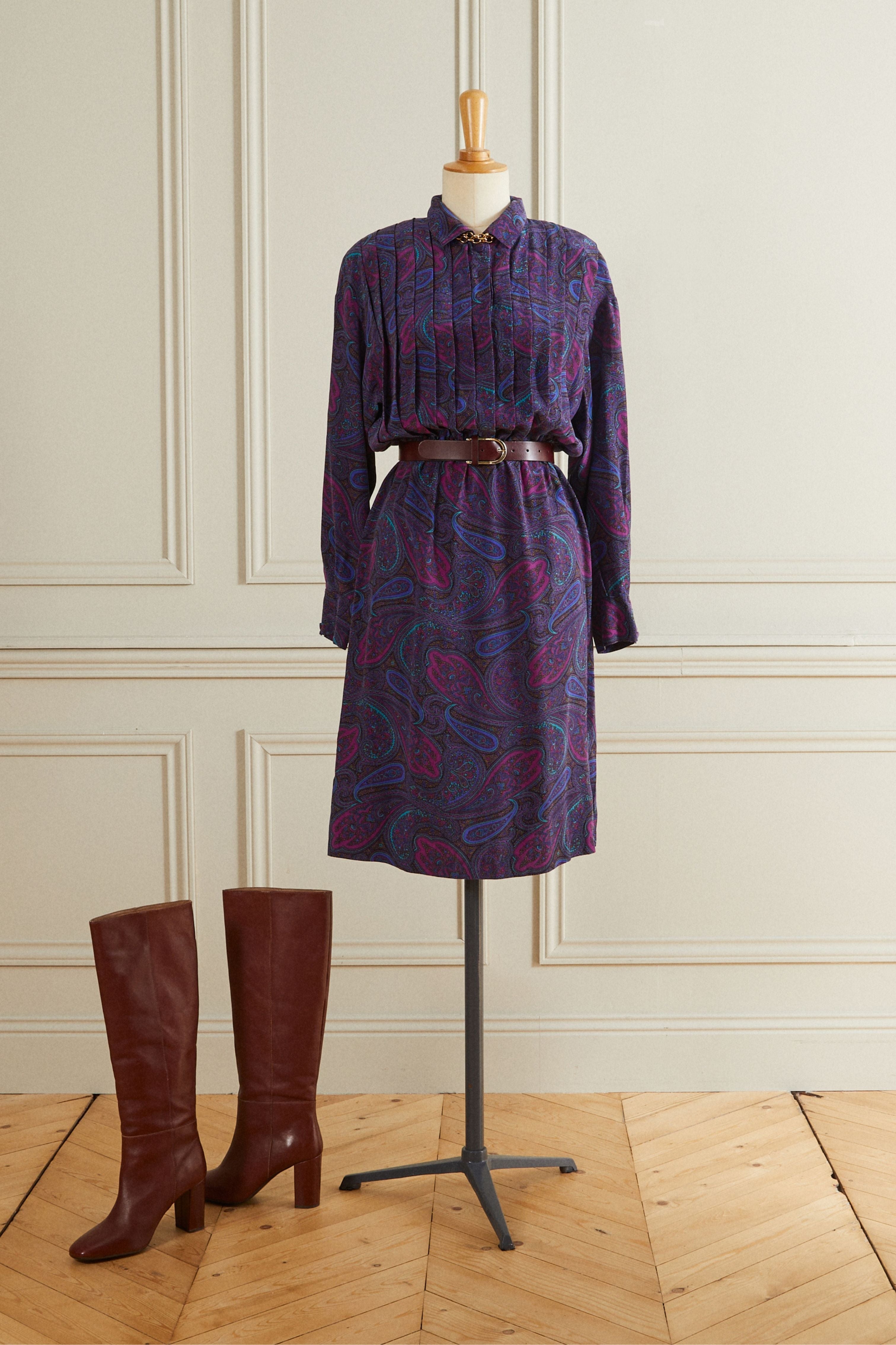 Robe midi en soie à motifs cachemire violette