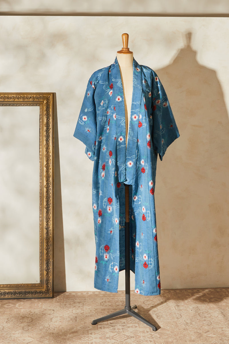 Kimono long épais bleu à motifs graphiques