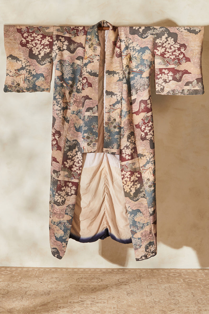 Kimono long en soie violet à fleurs