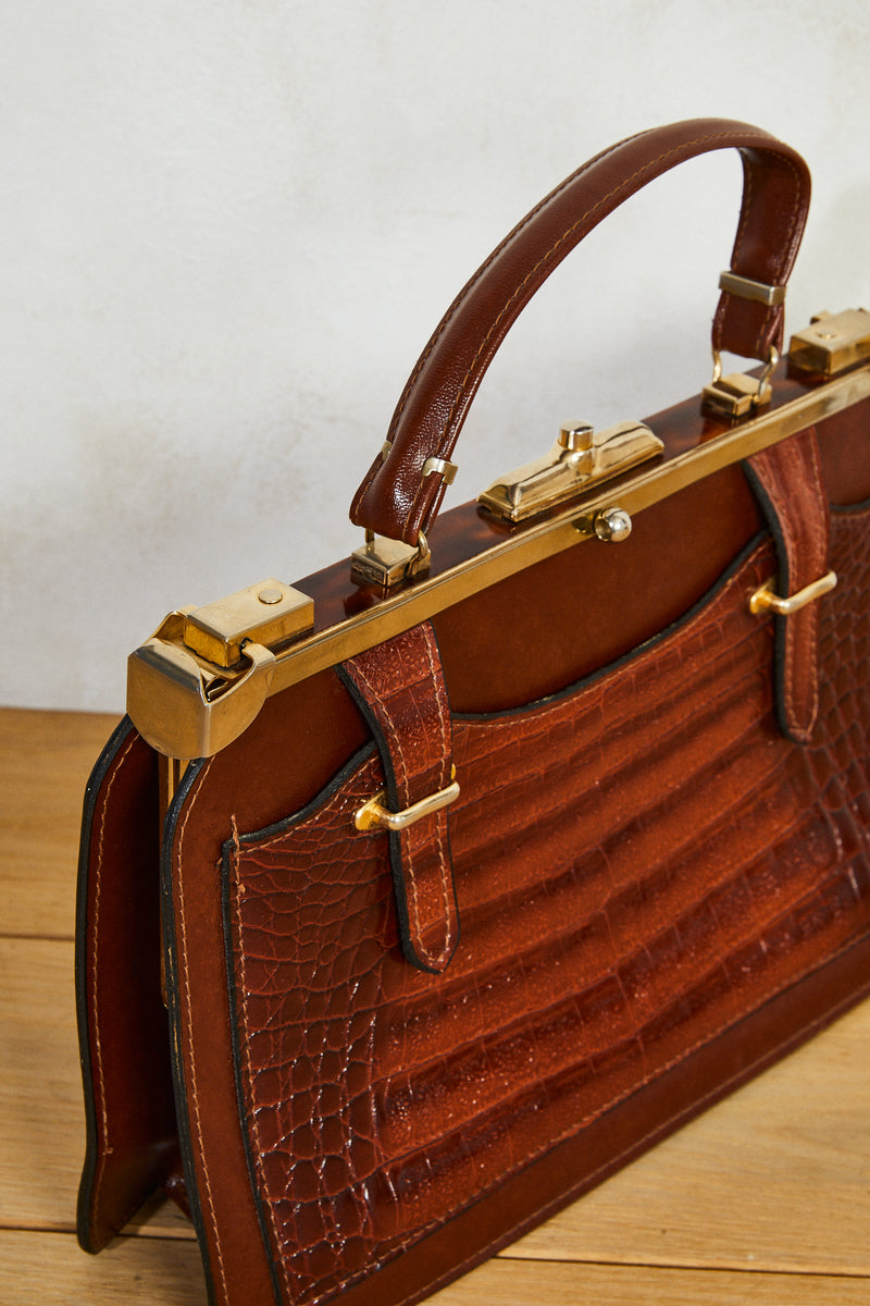 Sac à main cuir croco marron