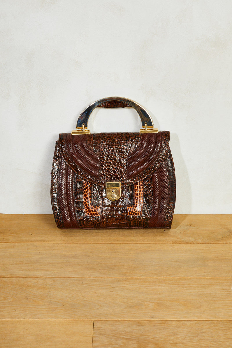 Sac à main cuir patchwork croco marron