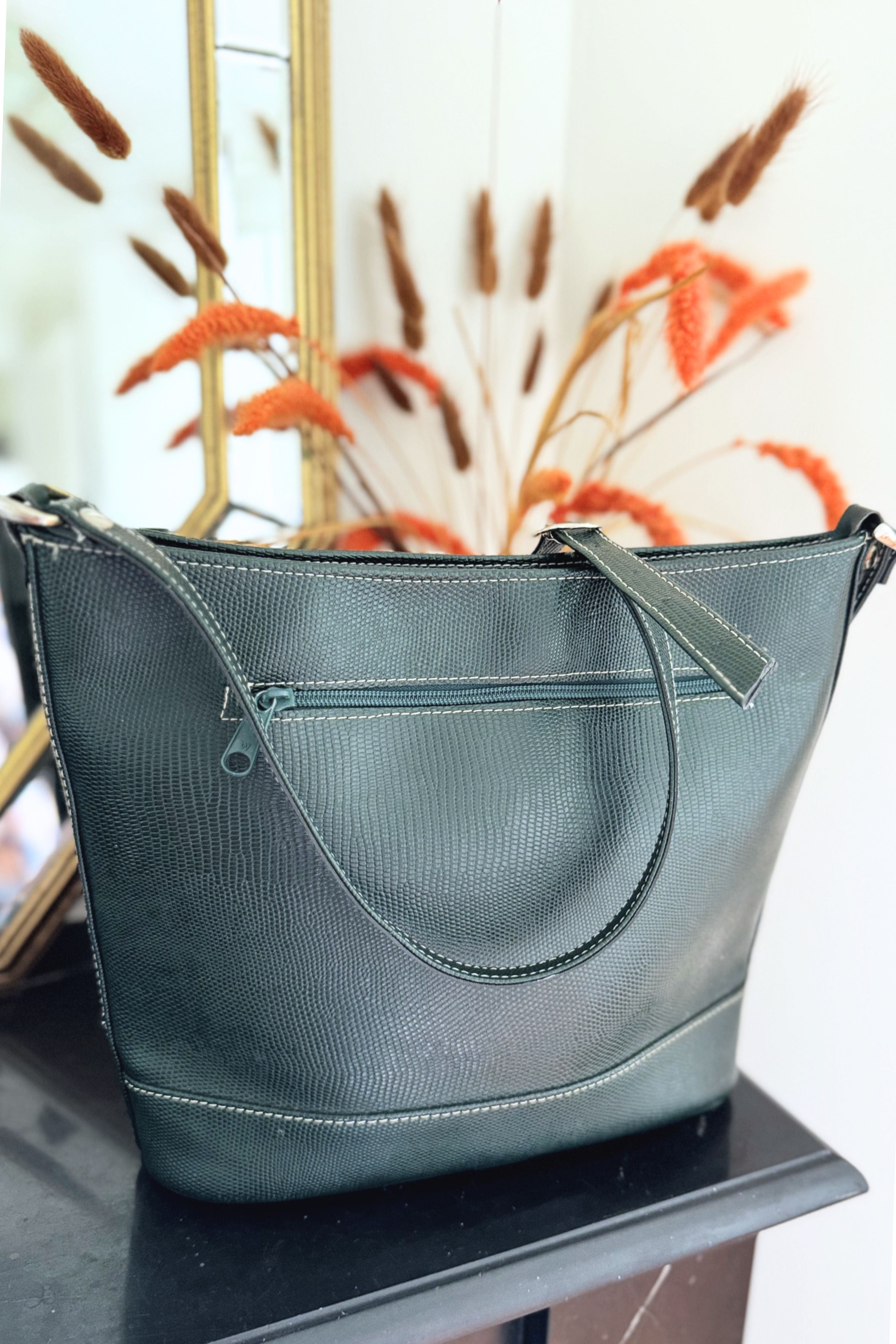 Green leather bucket bag