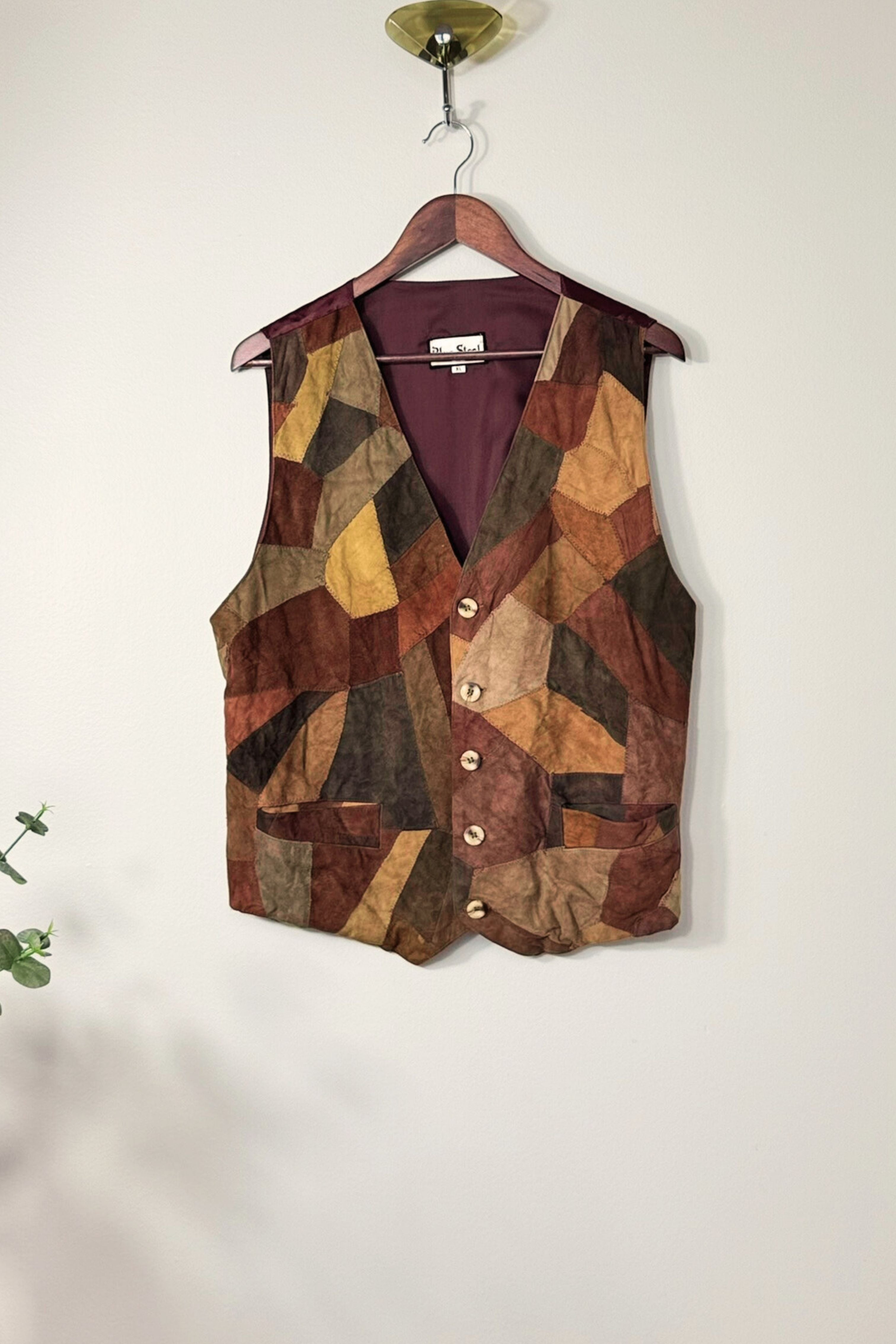 Veston boutonné en daim patchwork marron