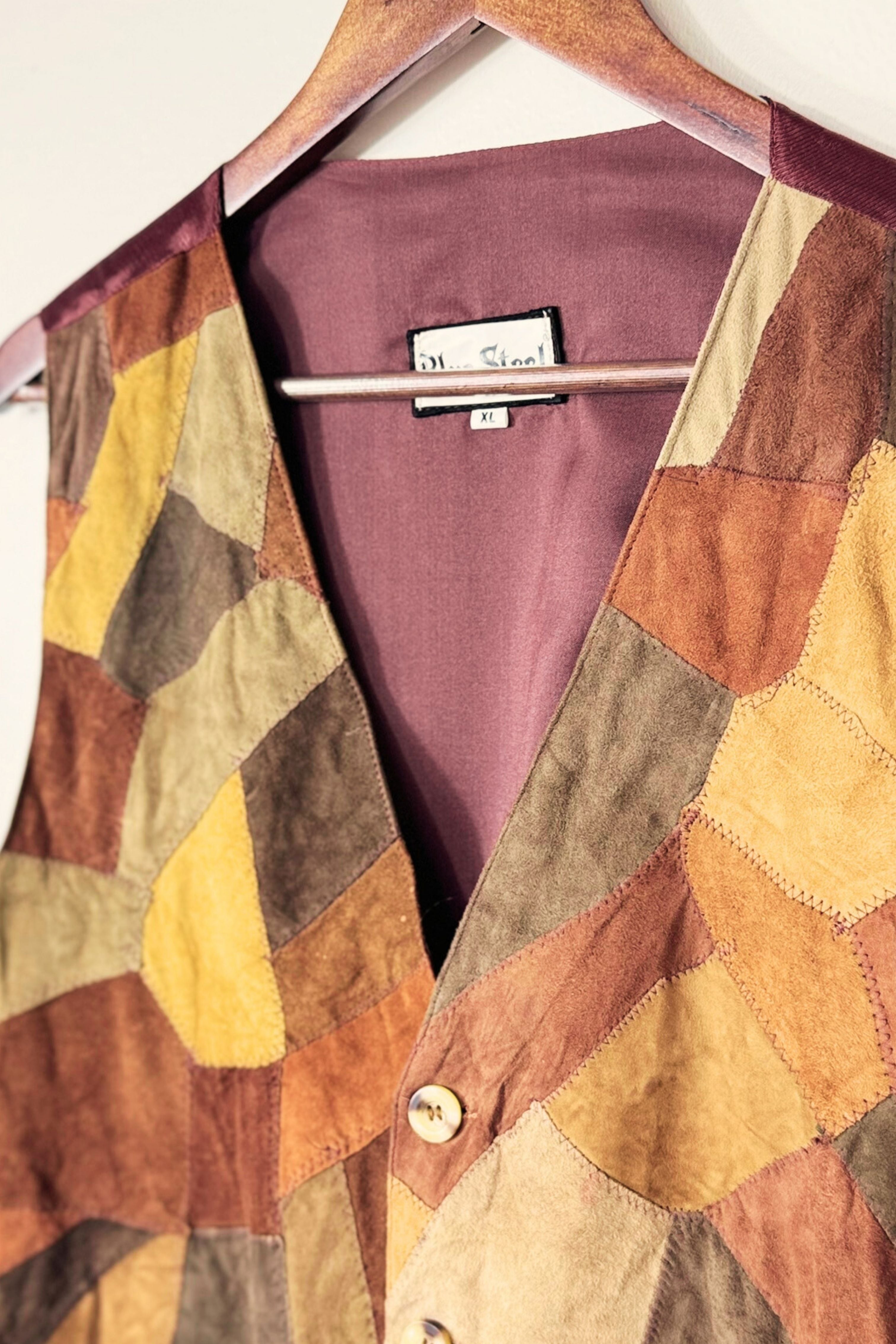 Veston boutonné en daim patchwork marron