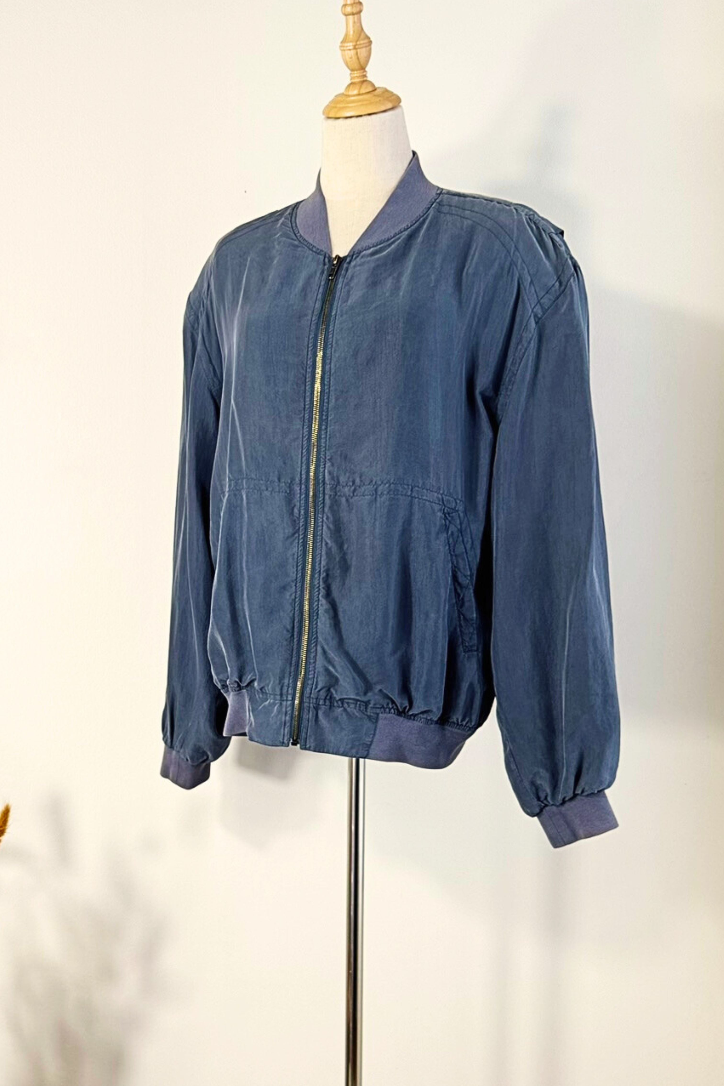 Veste bomber en soie bleu gris