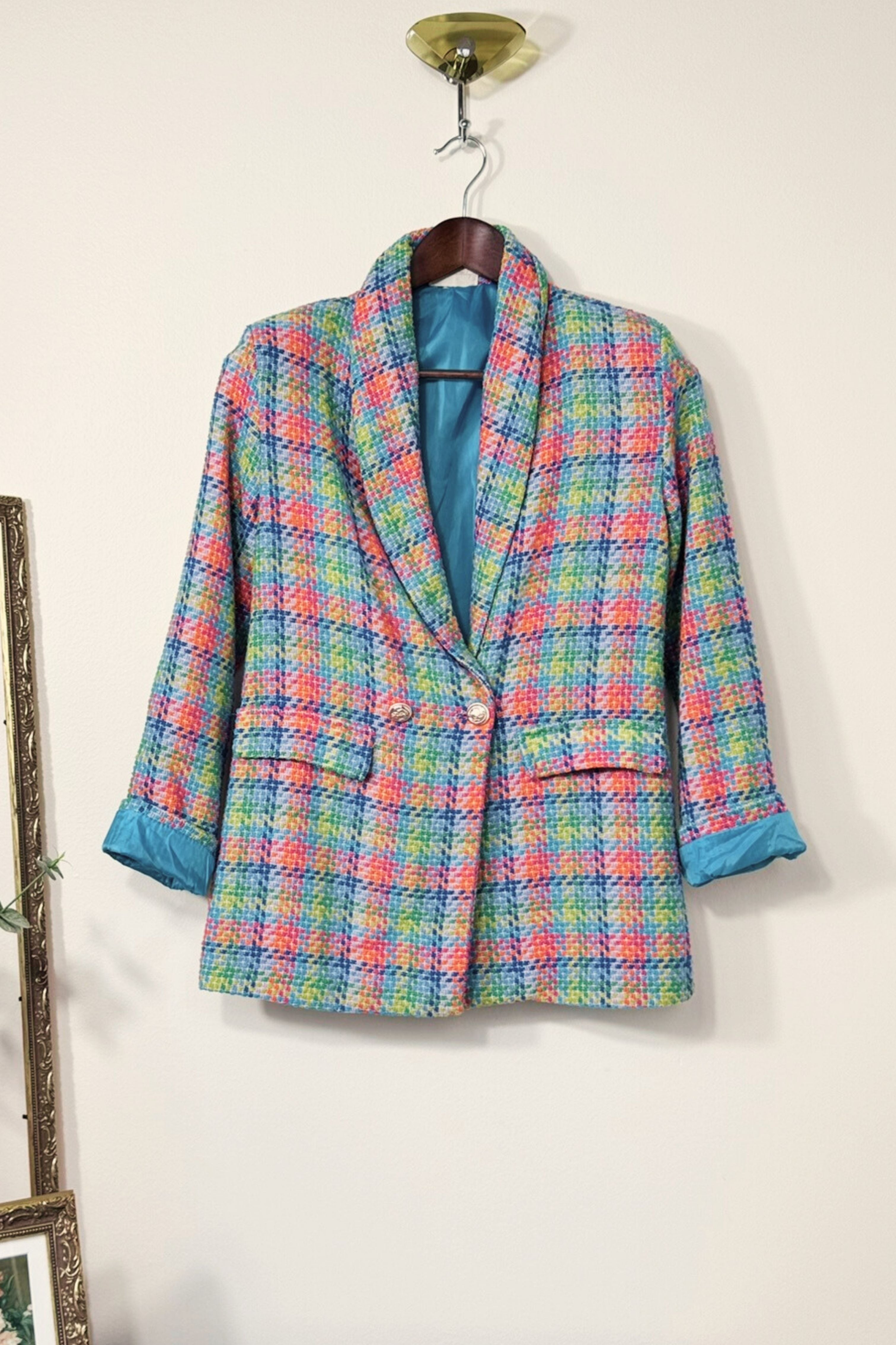 Veste bleue en coton à carreaux colorés