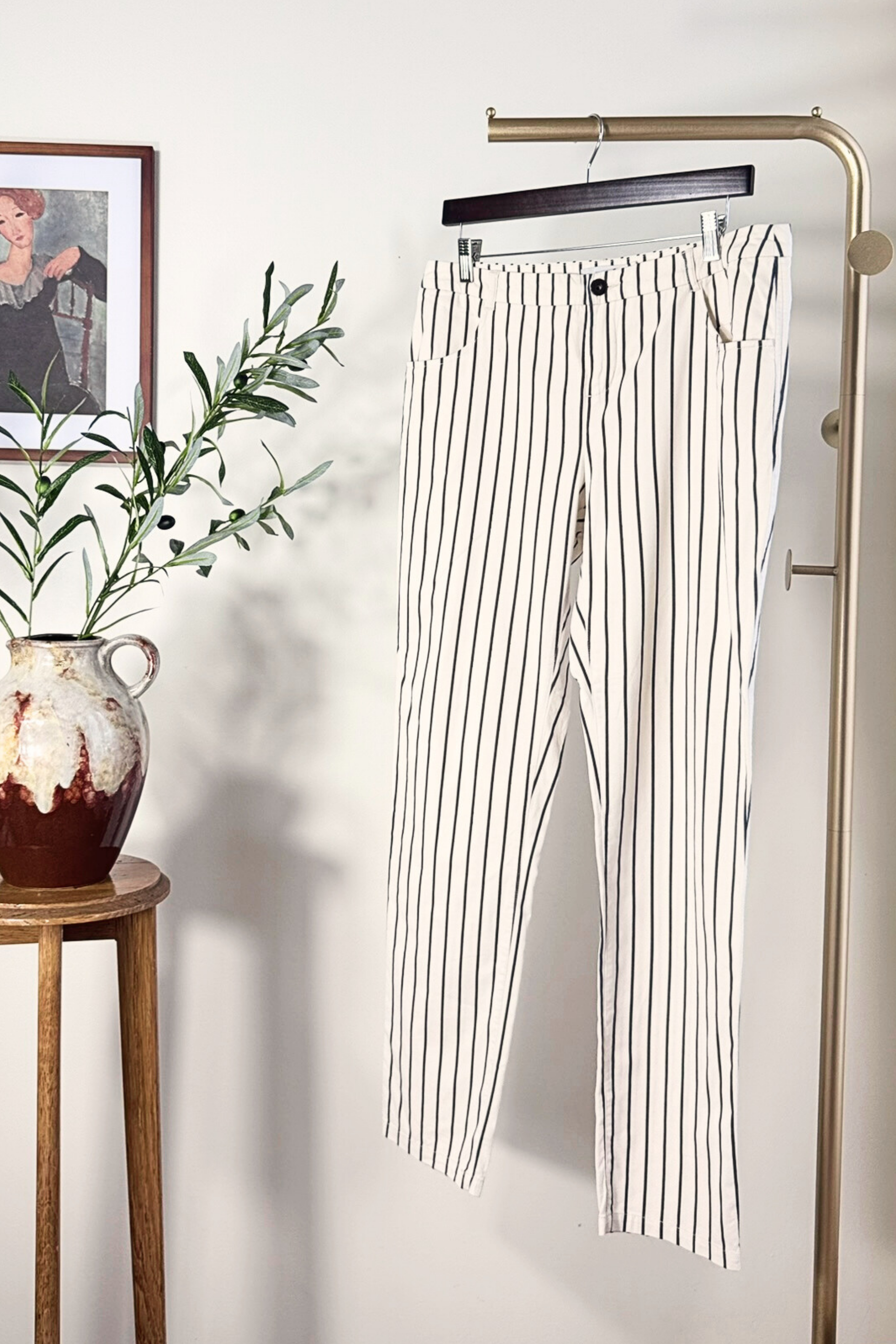 Pantalon ICHI droit à rayures blanc
