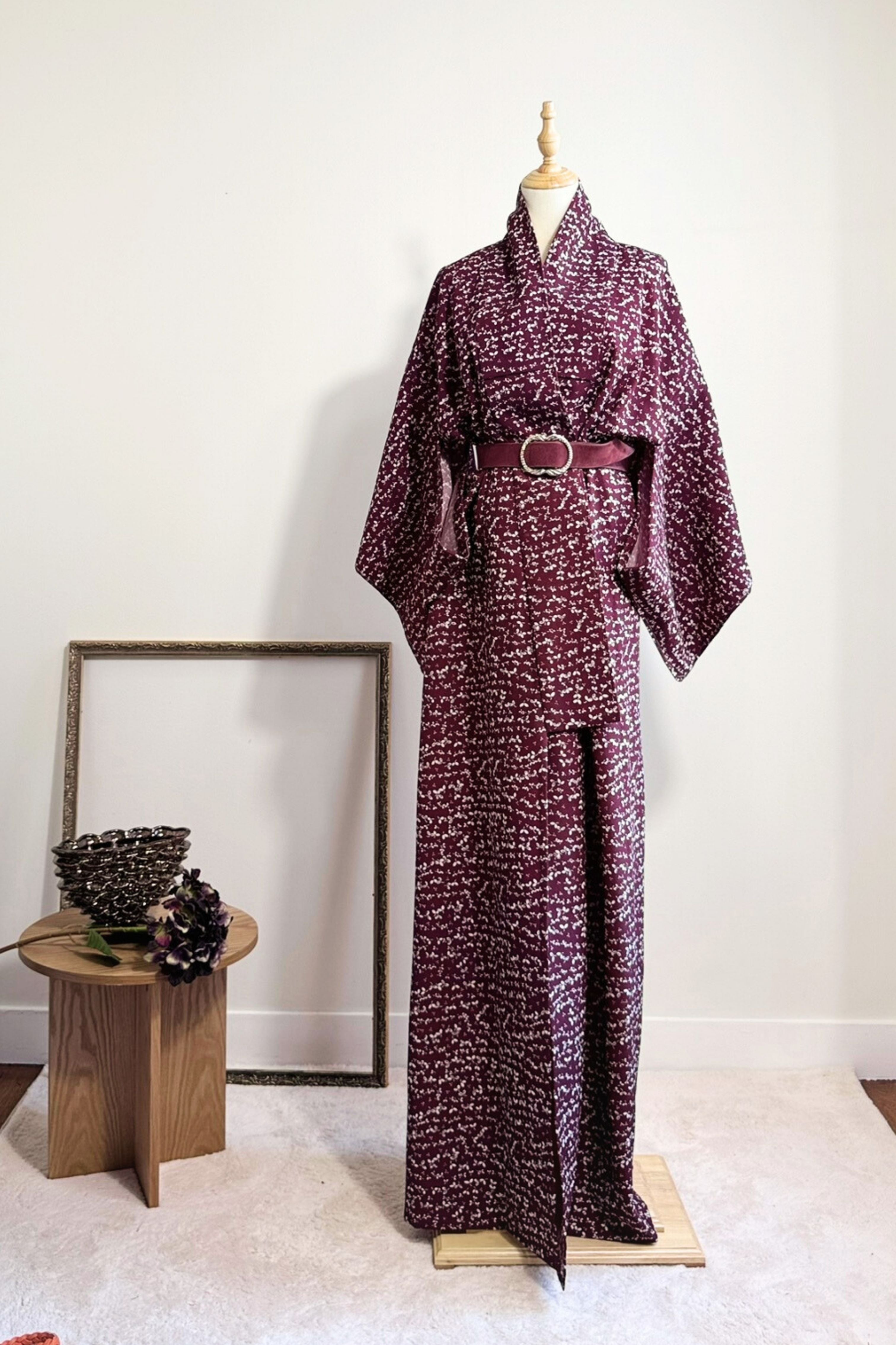 Kimono long bordeaux en coton enduit imprimé