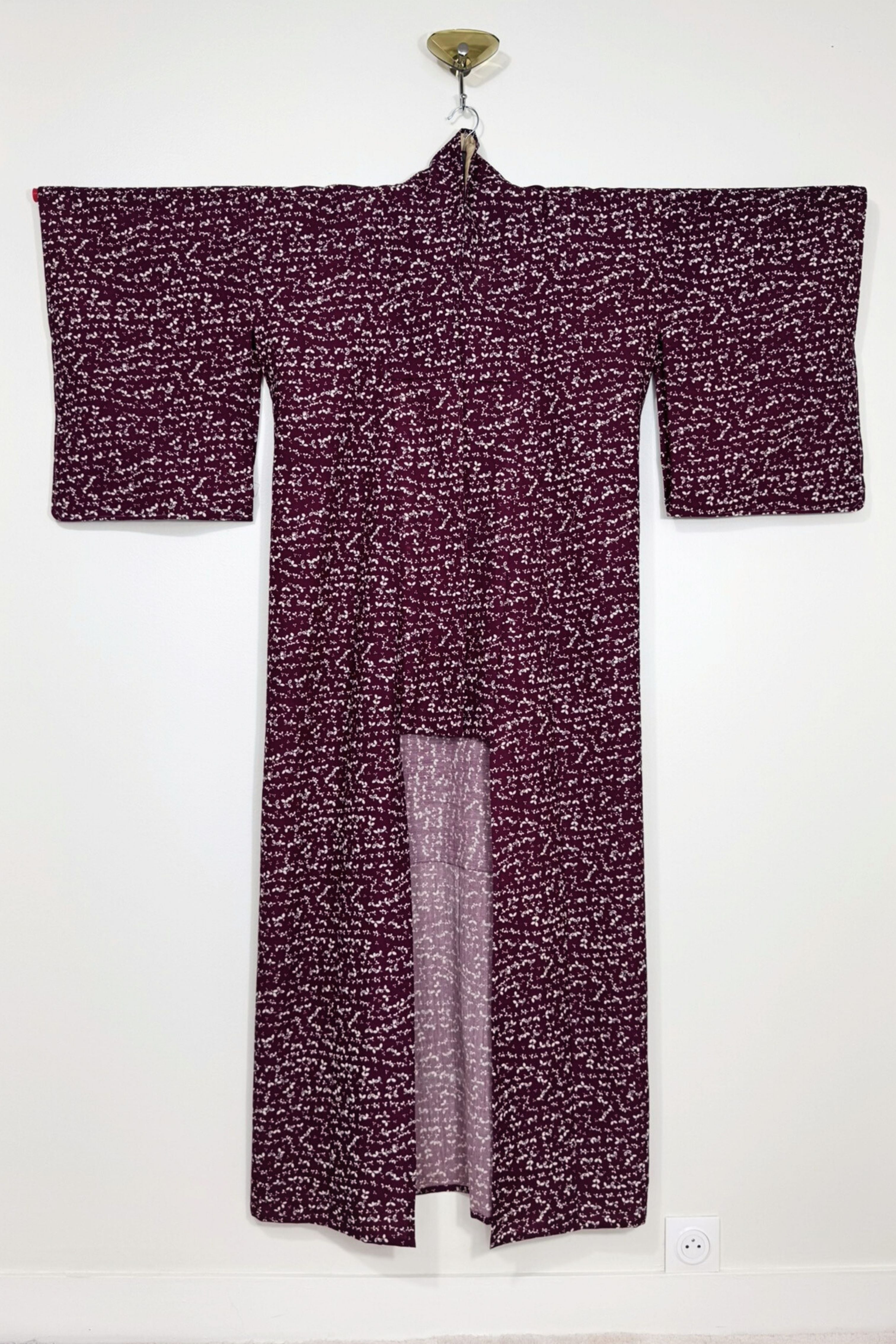Kimono long bordeaux en coton enduit imprimé