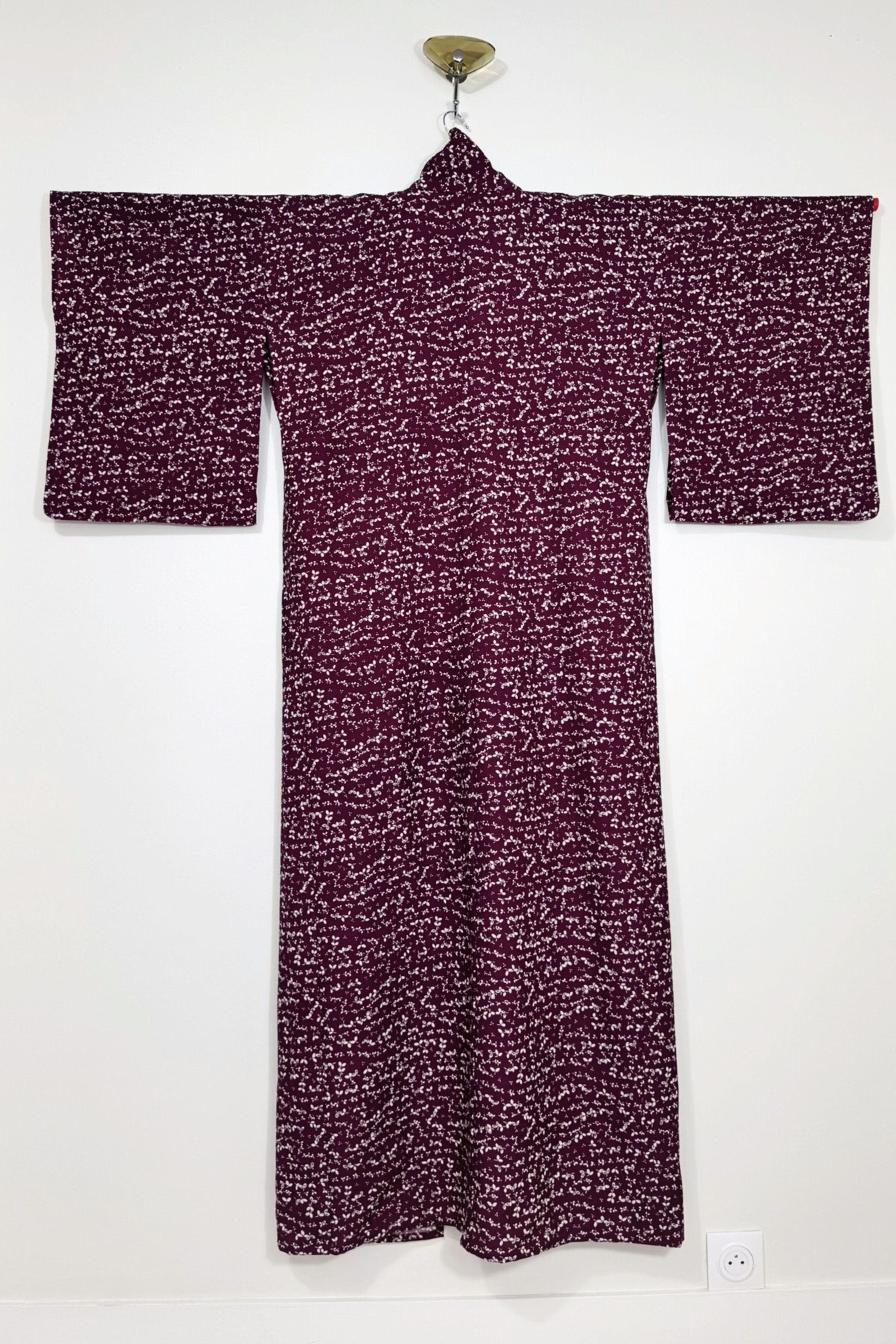 Kimono long bordeaux en coton enduit imprimé