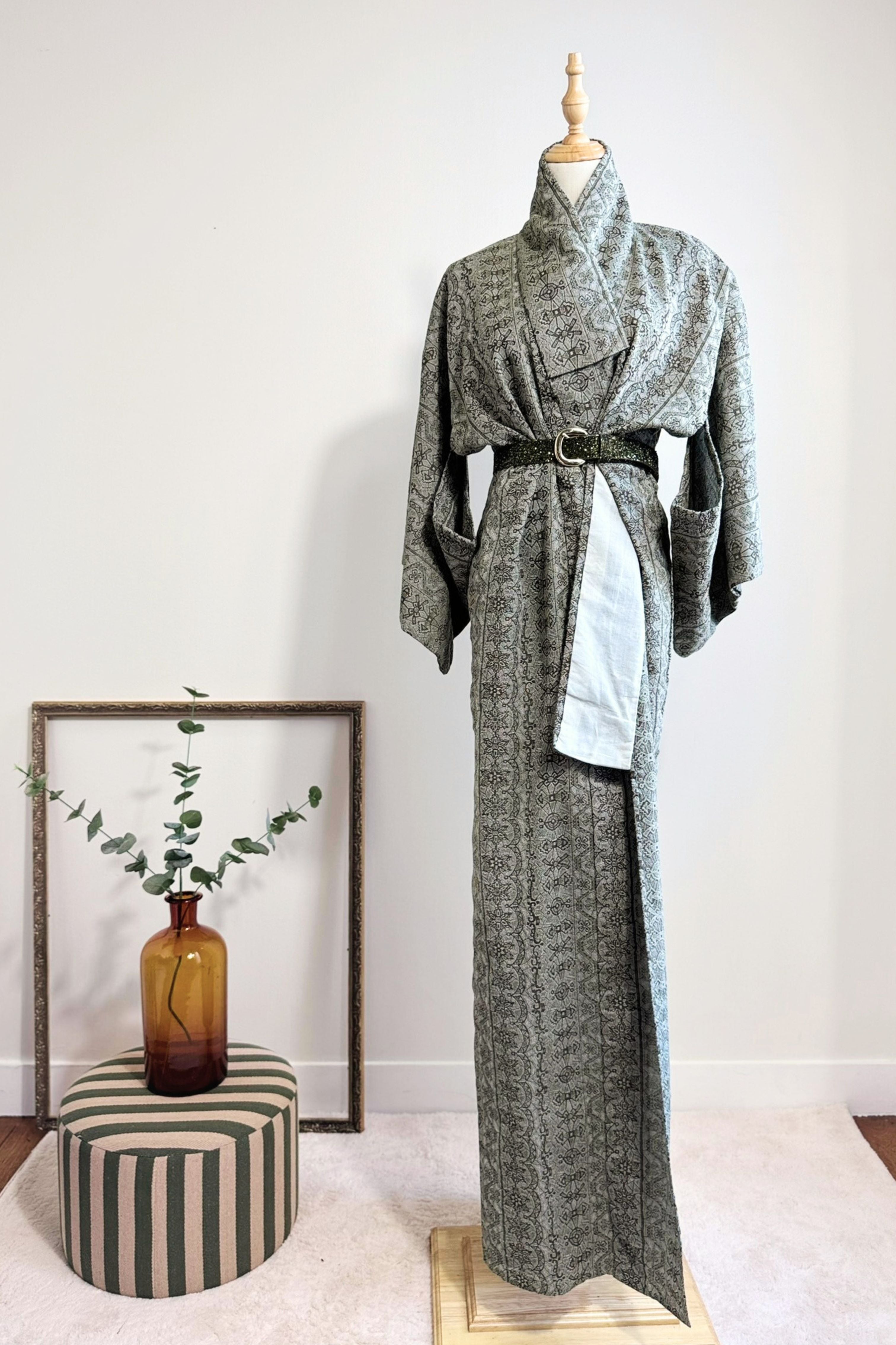Kimono long en coton épais à motifs kaki