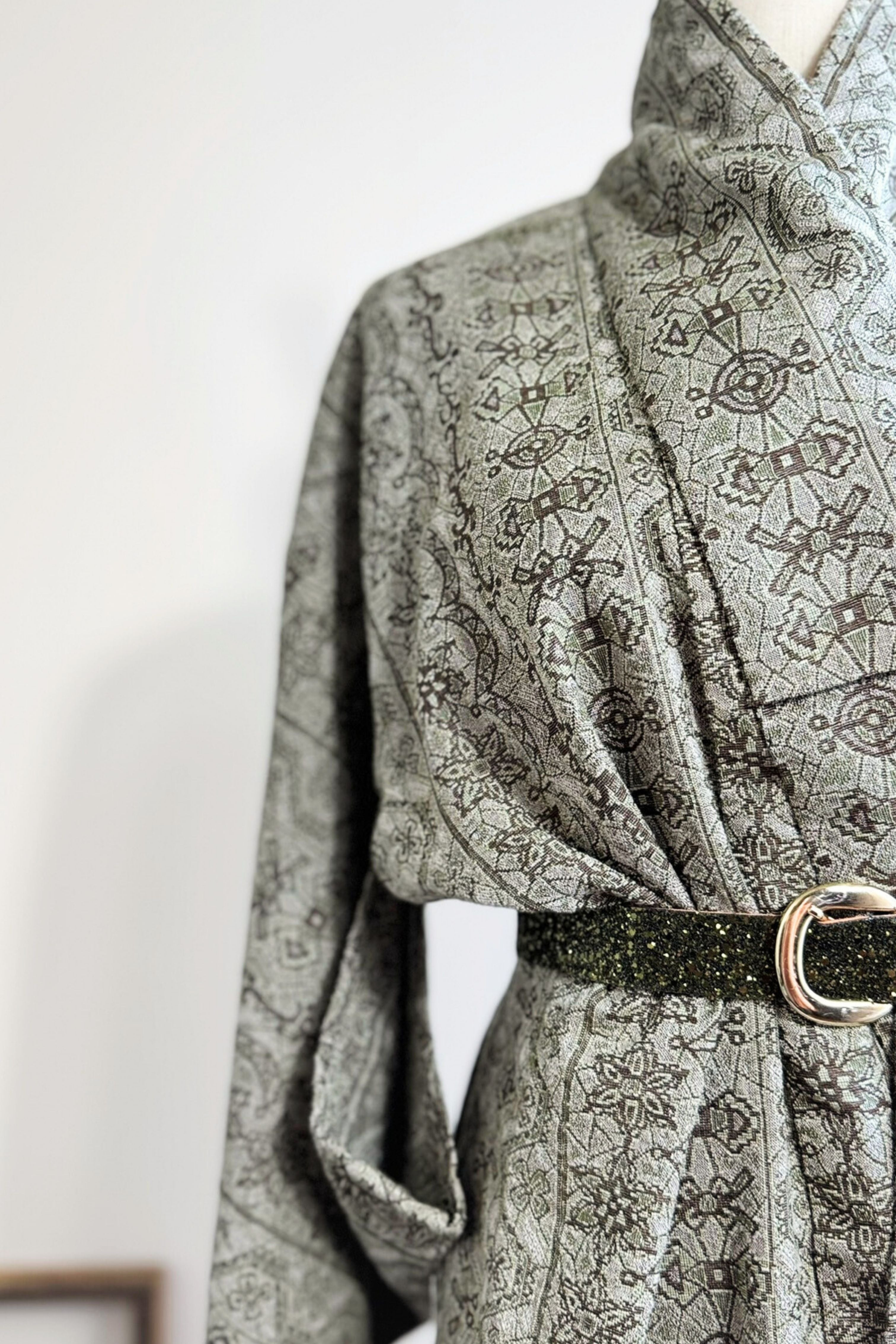 Kimono long en coton épais à motifs kaki