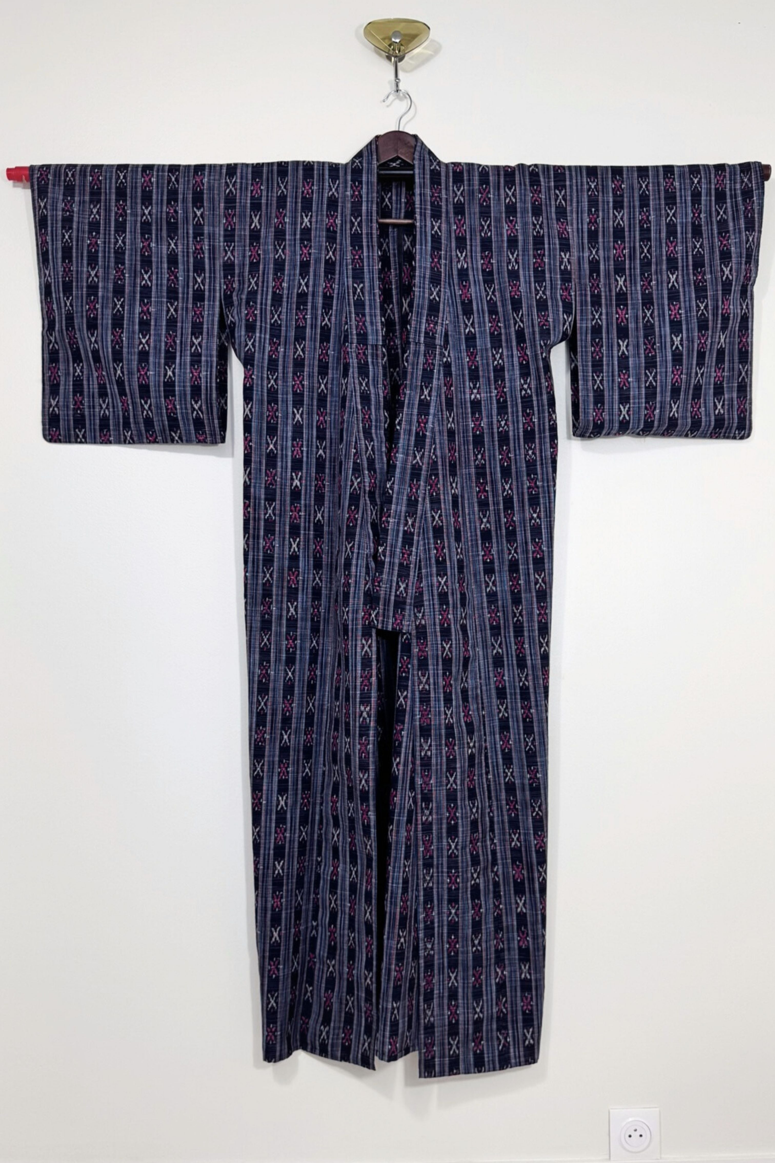 Kimono long épais à motifs bleu marine