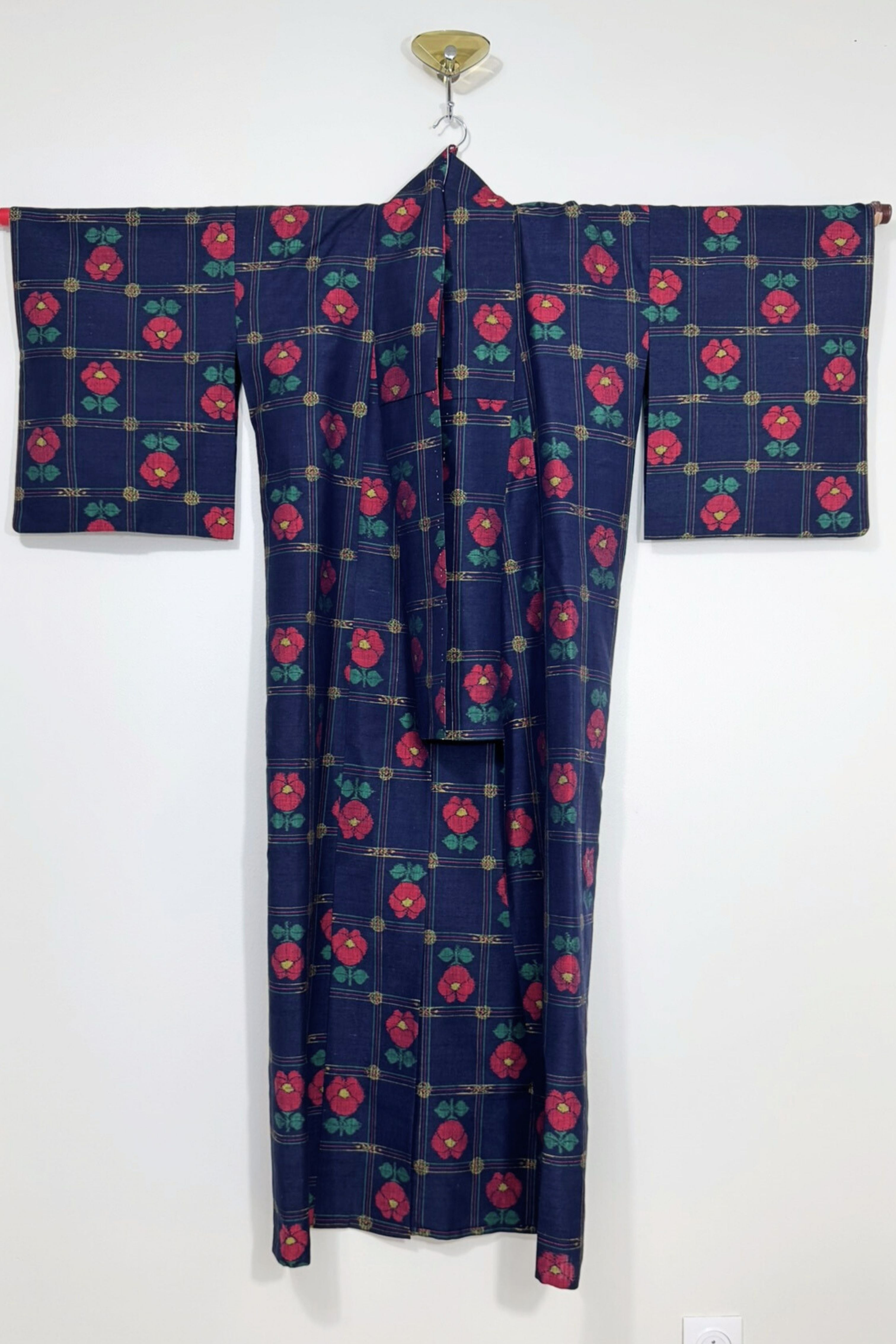 Kimono long épais à motif floral marine