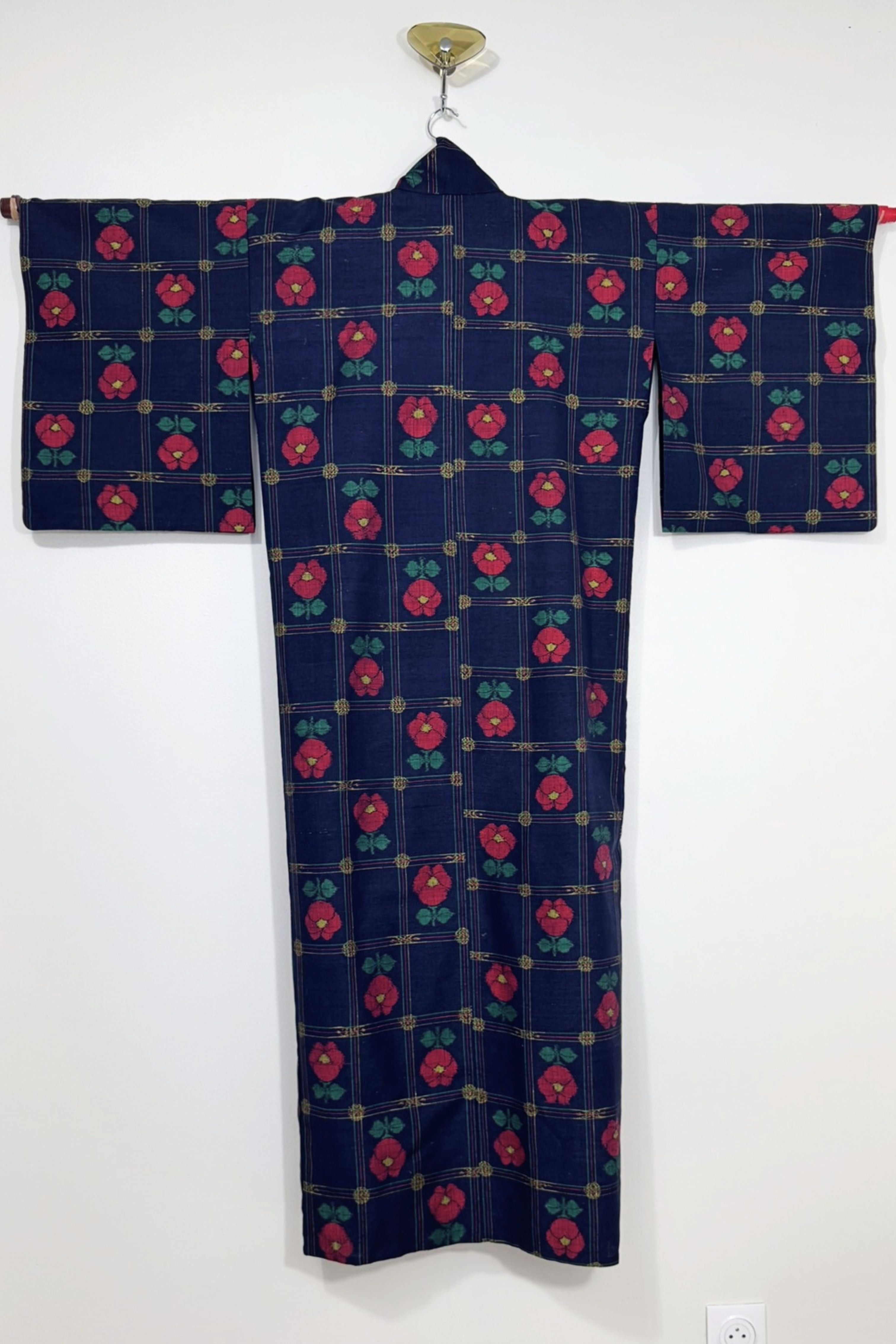 Kimono long épais à motif floral marine