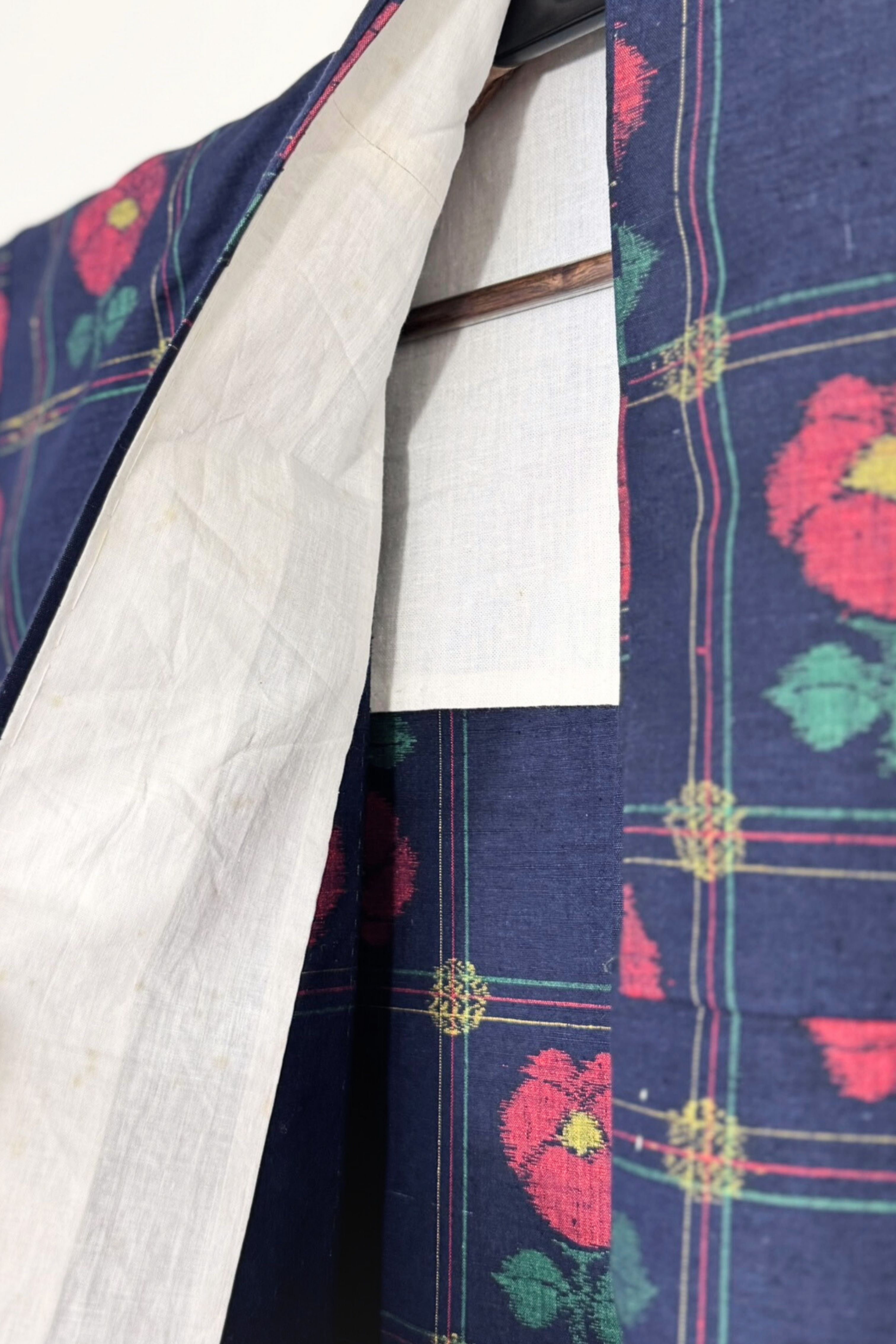 Kimono long épais à motif floral marine