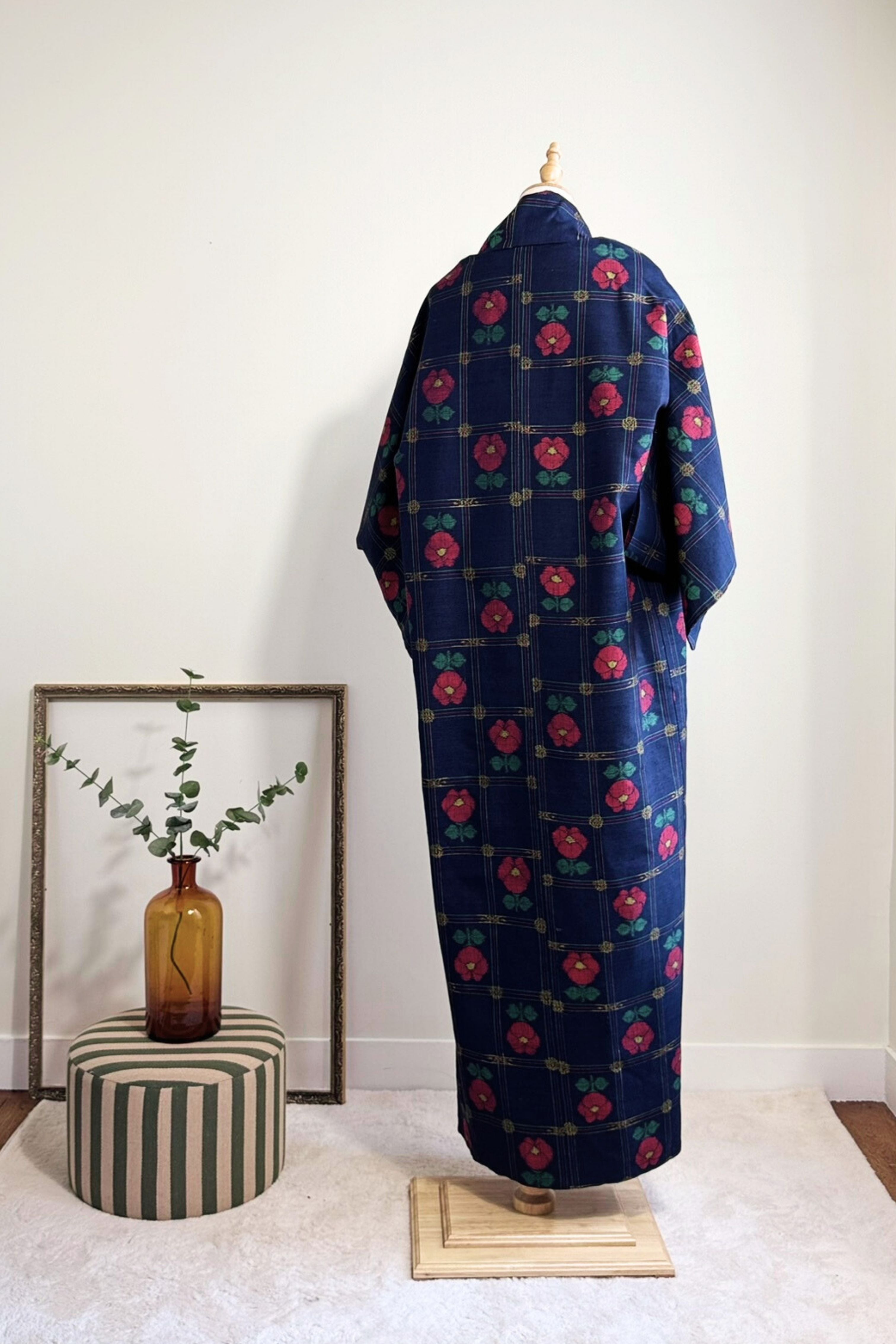 Kimono long épais à motif floral marine