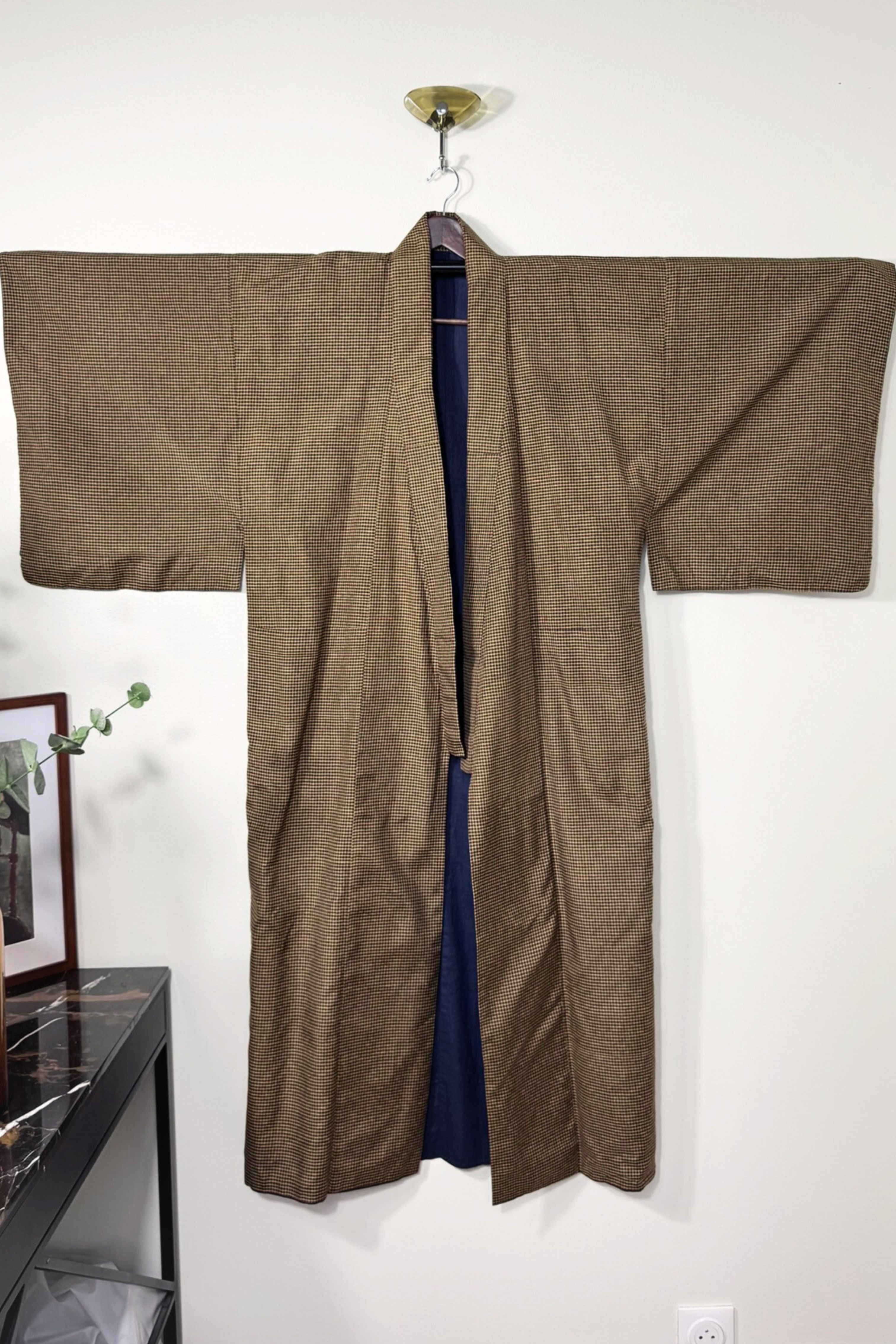Kimono long à petits carreaux épais camel