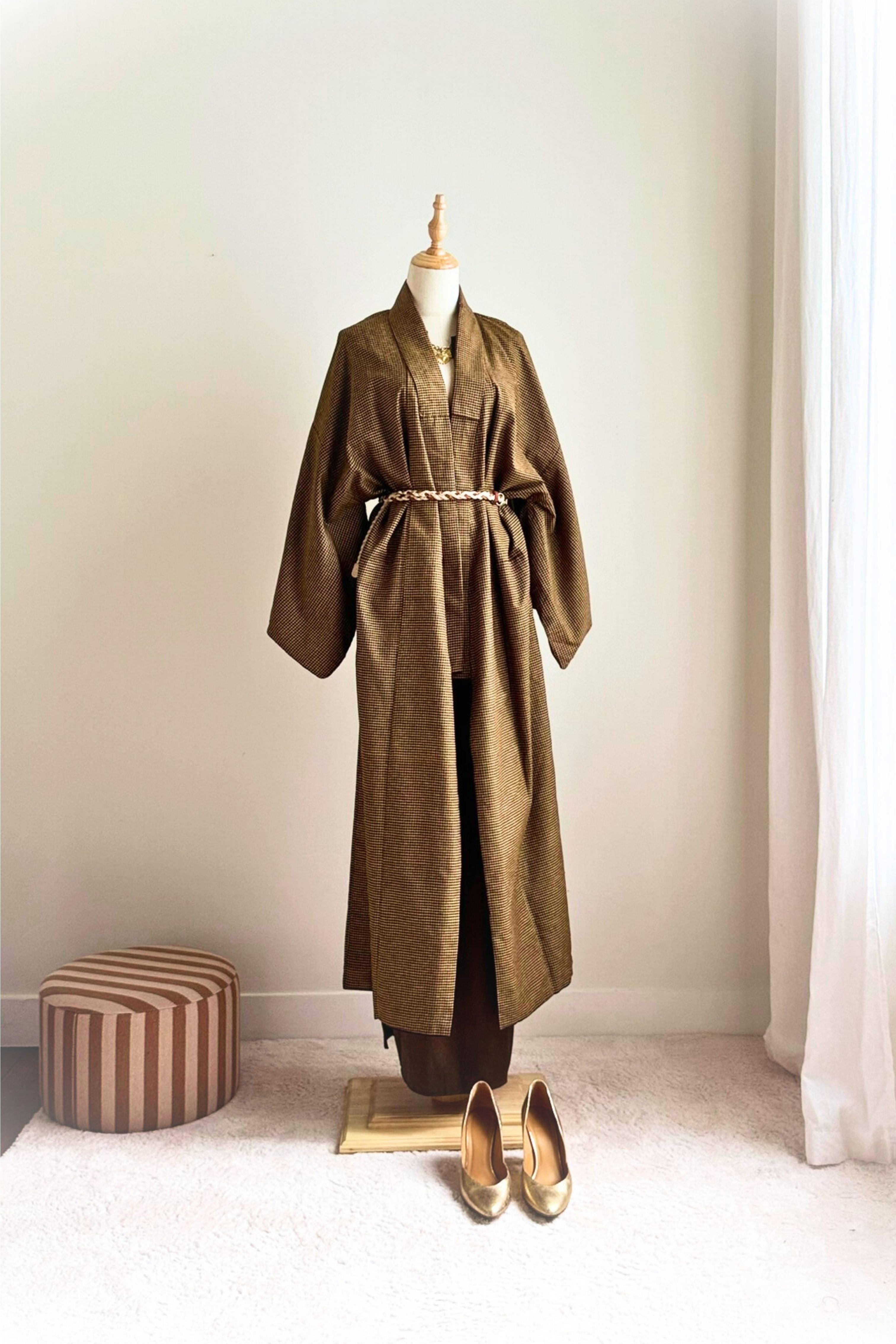 Kimono long à petits carreaux épais camel