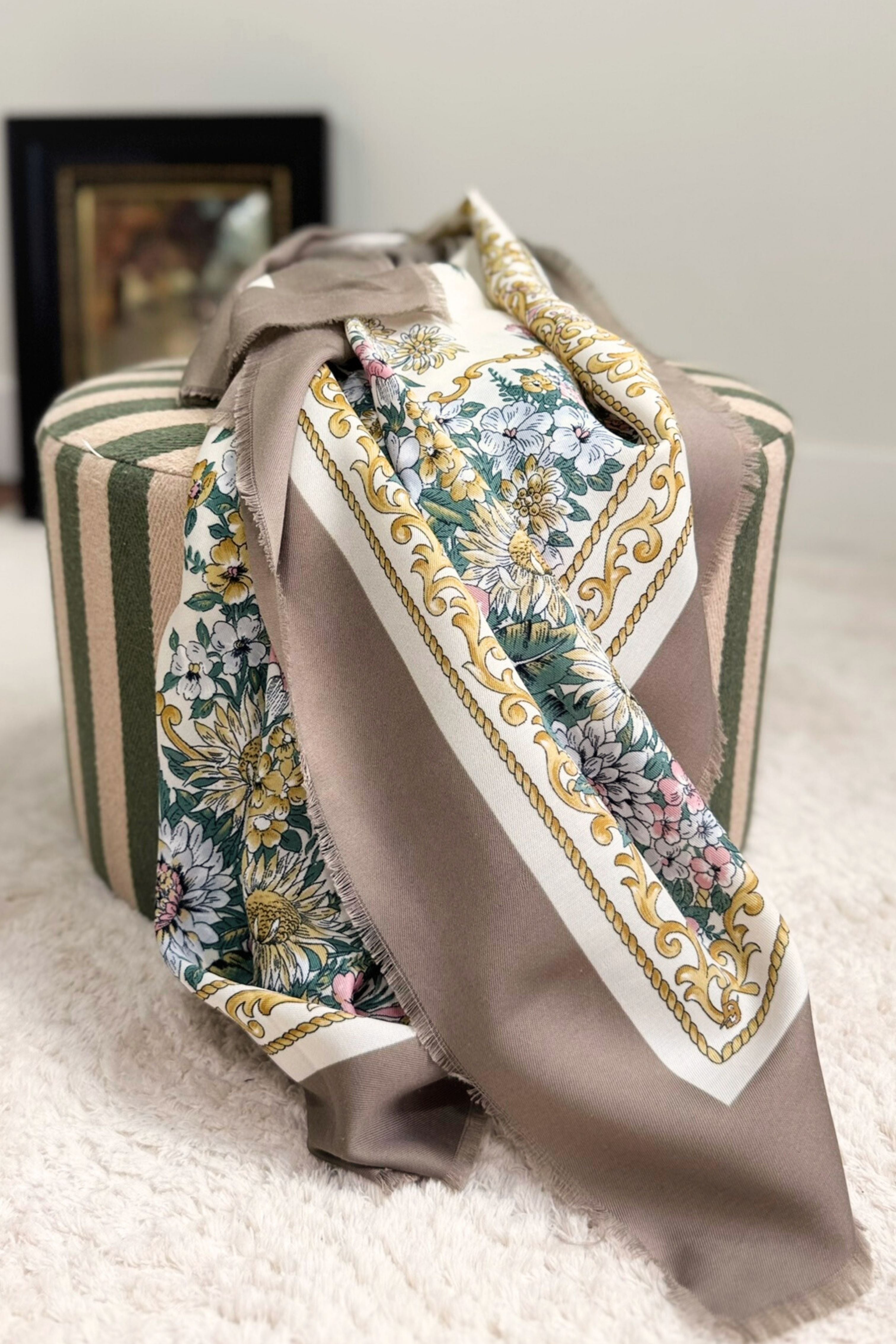 Green floral print silk scarf