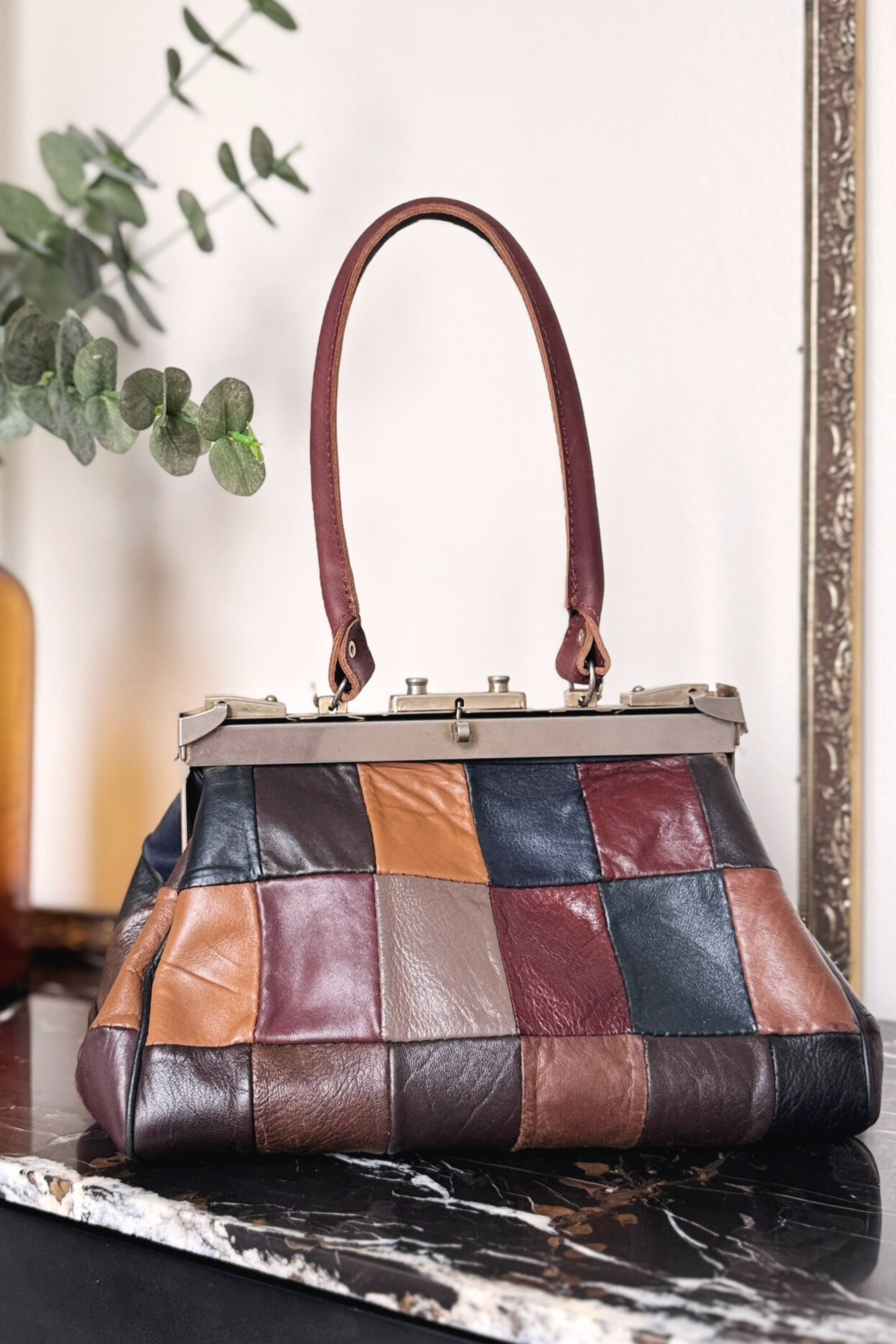 Sac à main en cuir patchwork marron