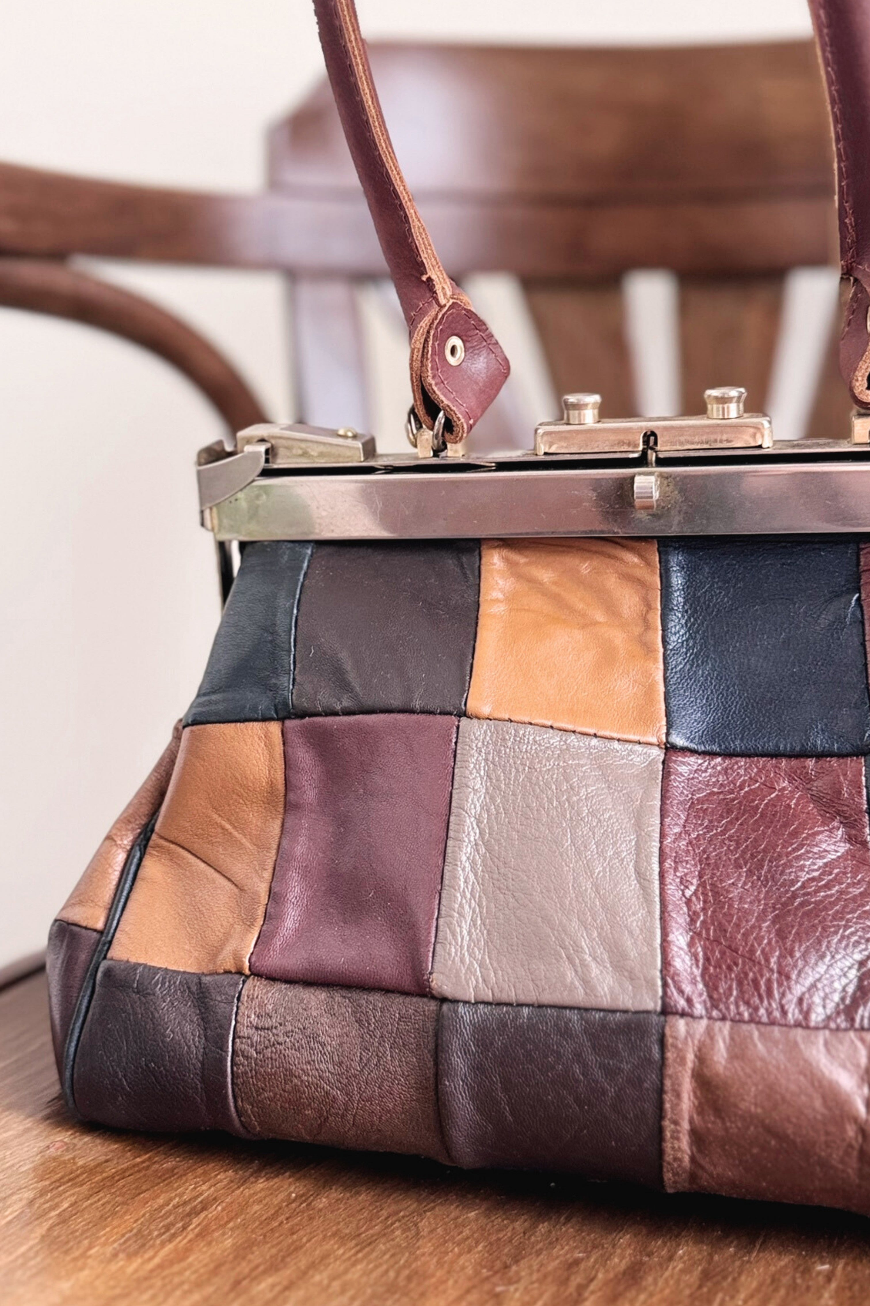 Brown crocodile patchwork leather handbag