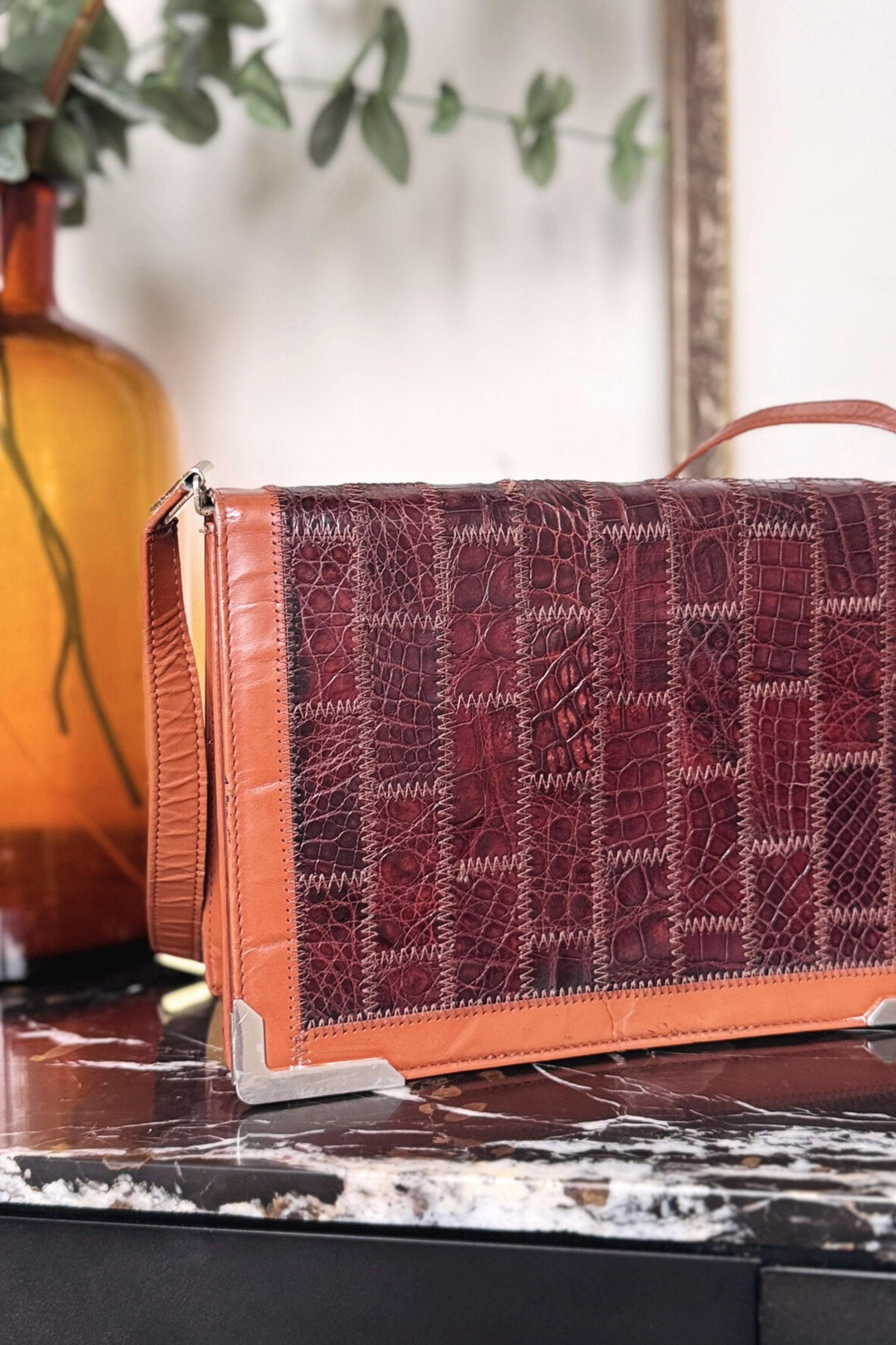 Sac à main POURCHET en cuir patchwork brun