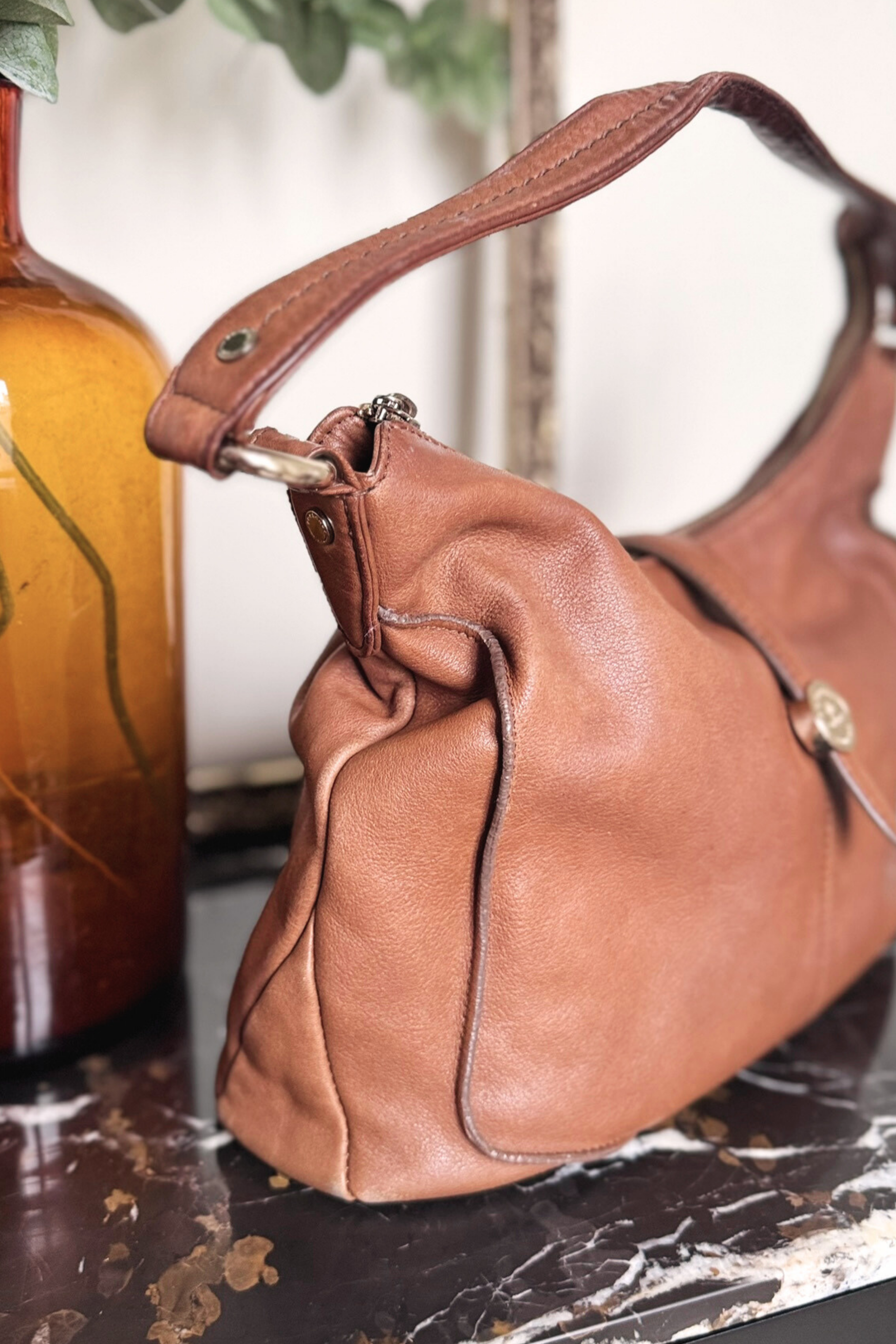 Brown crocodile patchwork leather handbag