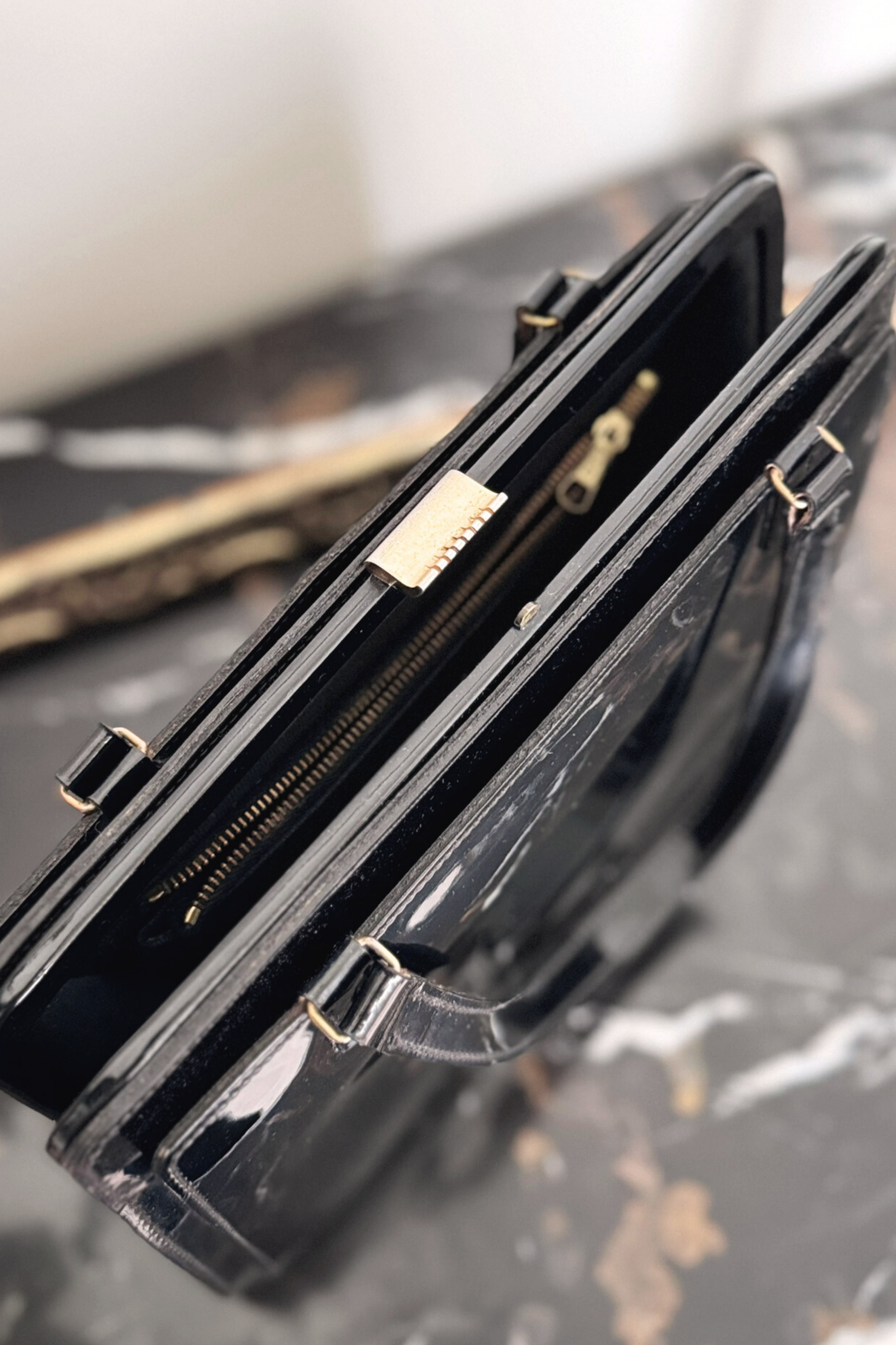 Black leather handbag