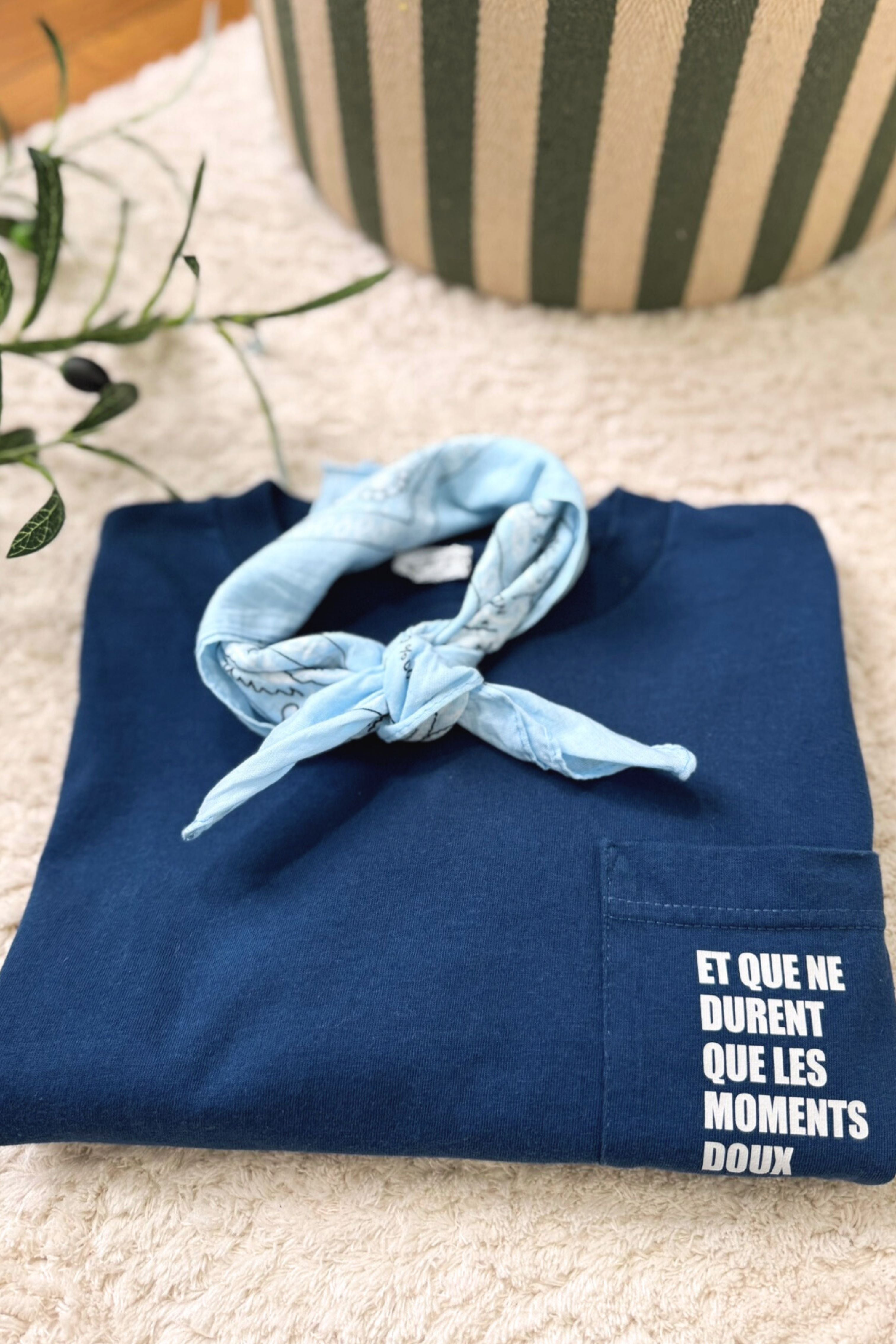 T-shirt upcyclé en coton marine et bleu ciel - Le Bashung