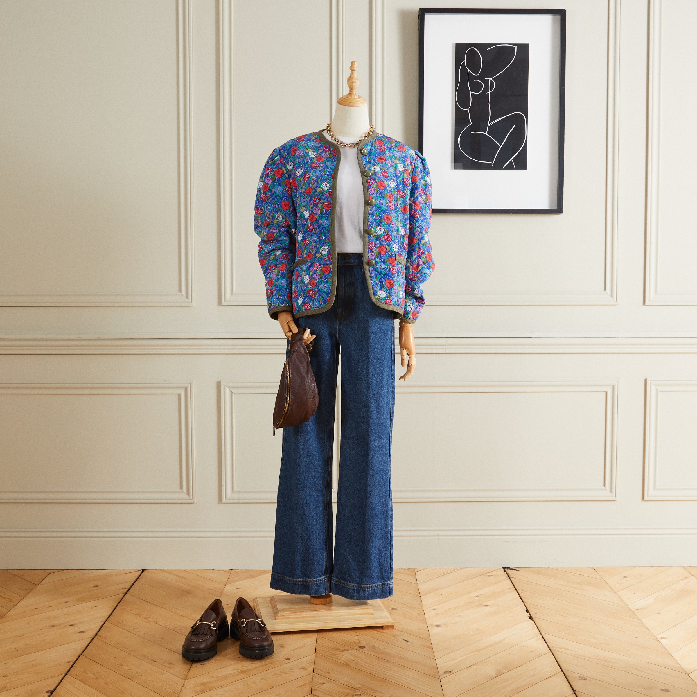 Veste matelassée à fleurs bleue