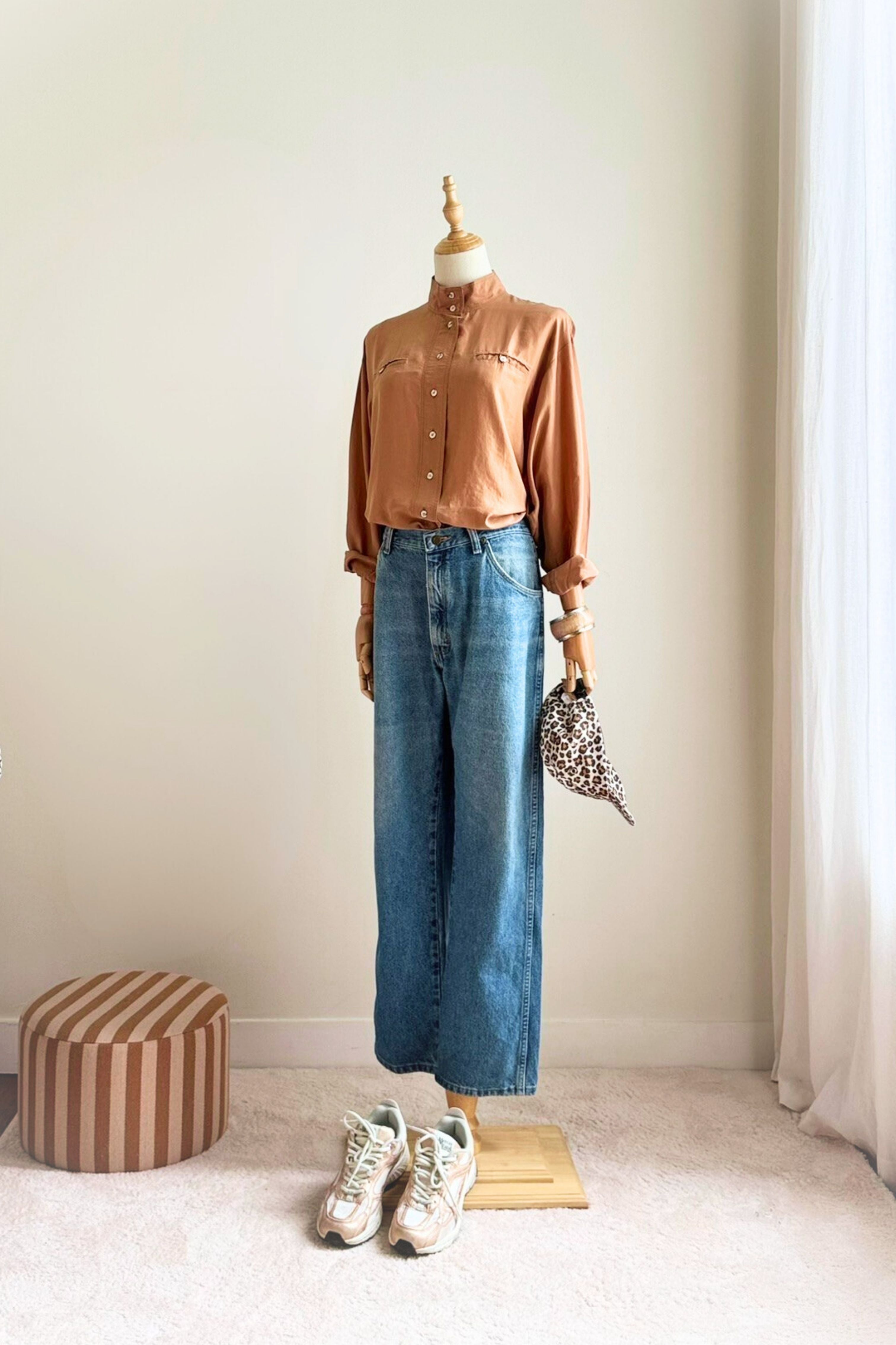 Green checked straight jeans